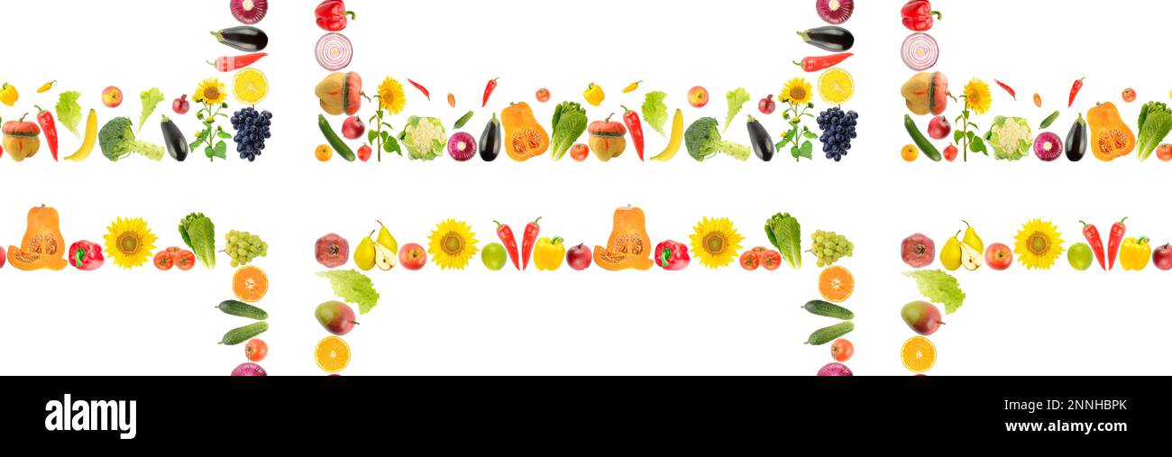 Grand motif lumineux sans couture fruits frais, légumes, baies isolés sur fond blanc. Banque D'Images