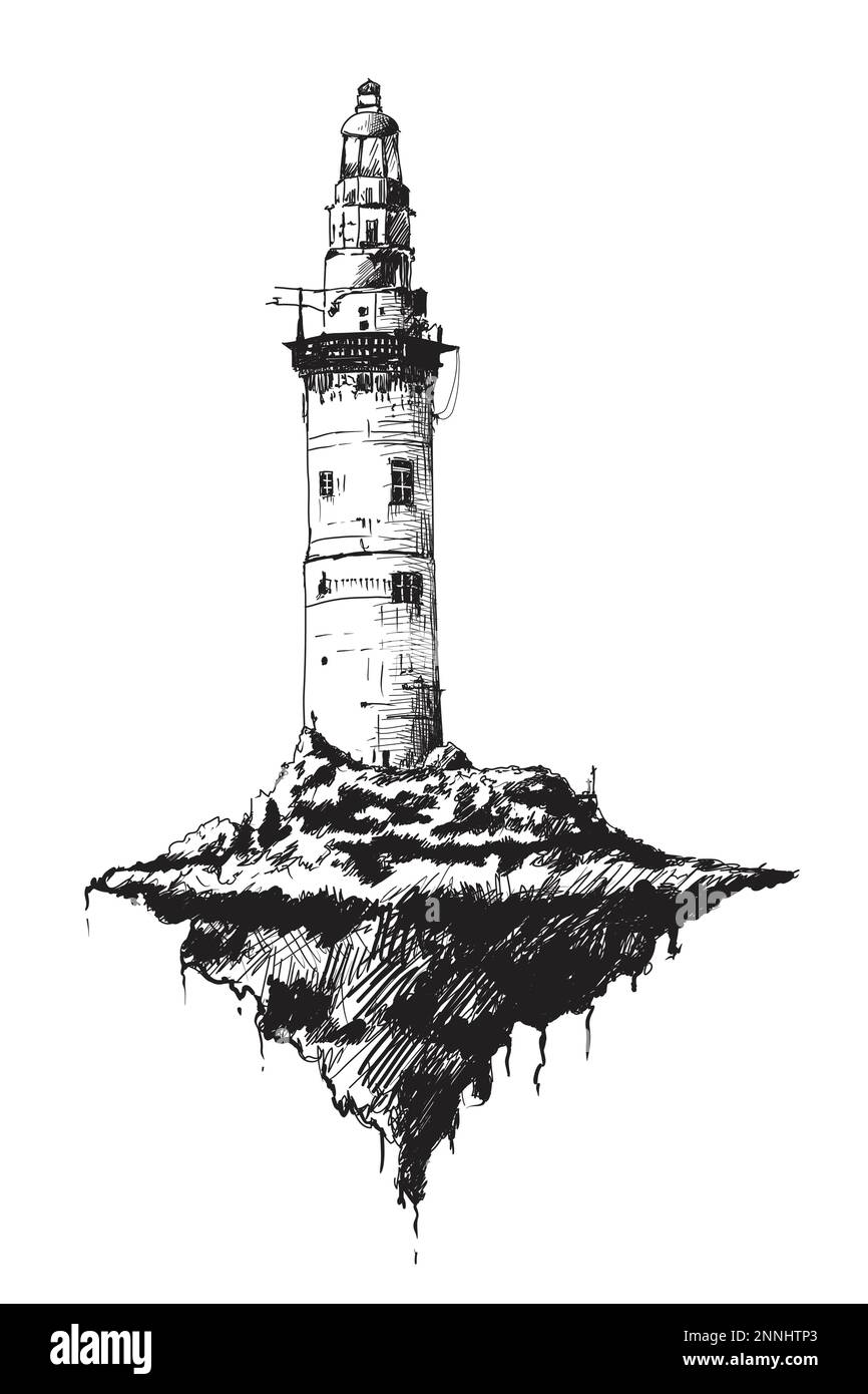 Une tour de phare sur une île en pierre vole dans l'air. Dessin à main levée d'une histoire de fantaisie. Illustration de Vecteur