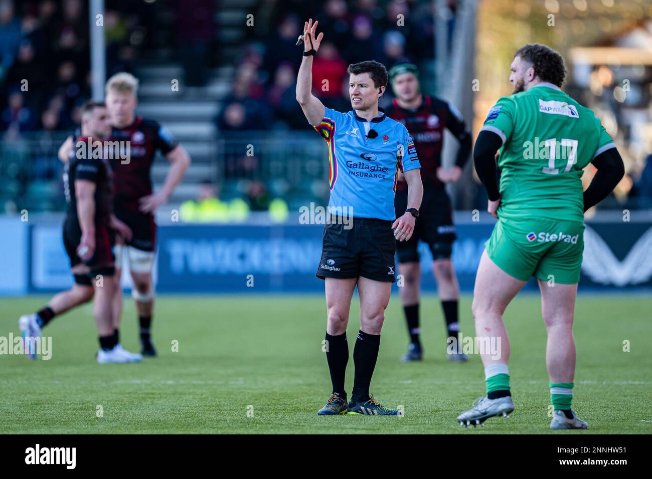 LONDRES, ROYAUME-UNI. 25th, février 2023. Lors du match de rugby Gallagher Premiership entre Saracens et Newcastle Falcons au stade StoneX le samedi 25 février 2023. LONDRES, ANGLETERRE. Credit: Taka G Wu/Alay Live News Banque D'Images