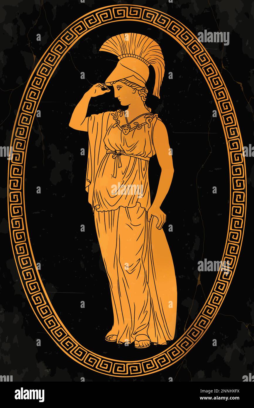 L'ancienne déesse grecque de la sagesse Pallas Athena dans un casque et une tunique tient un bouclier dans sa main. Illustration de Vecteur