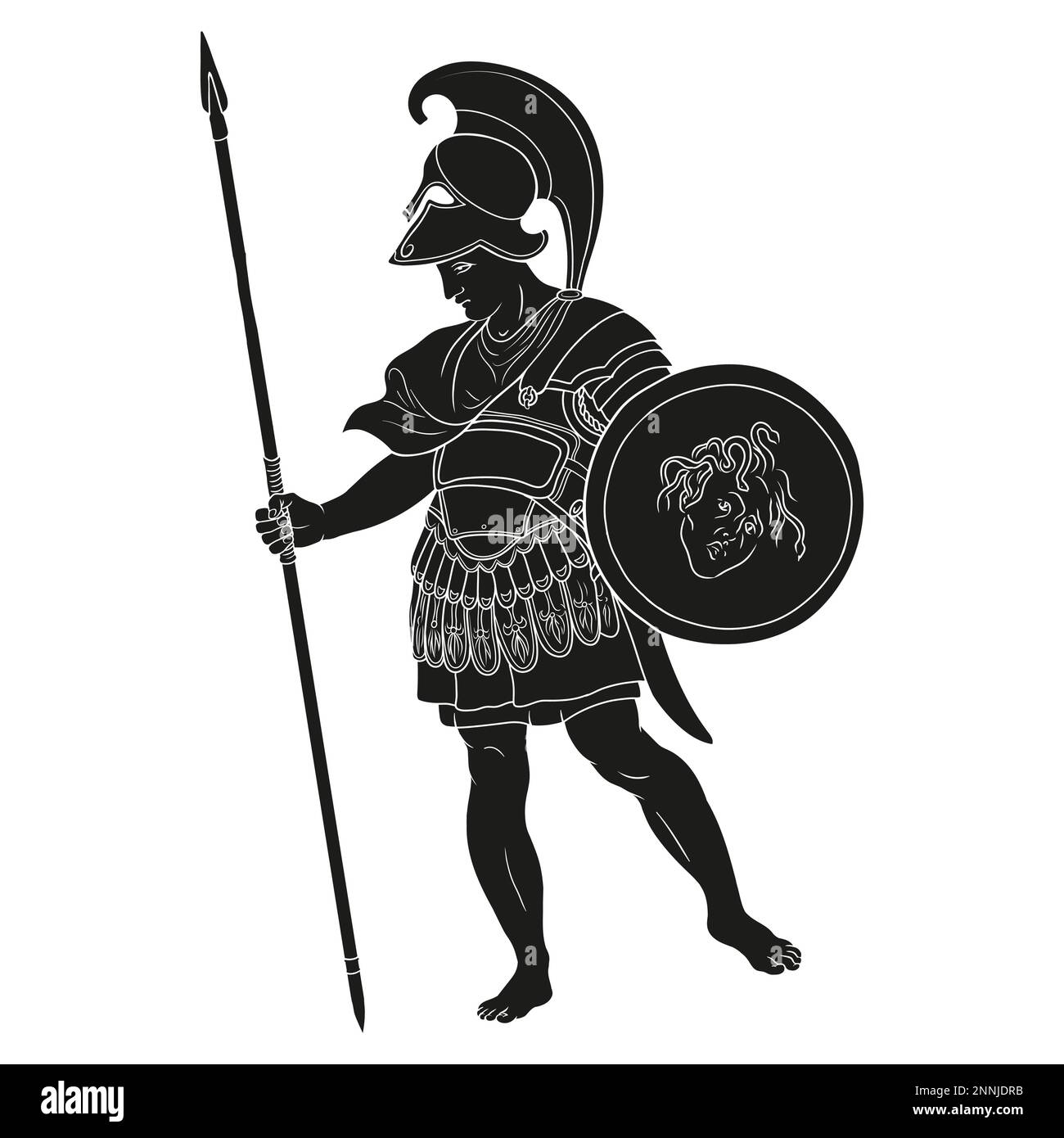 Guerrier grec ancien avec des lances et des boucliers dans leurs mains. Figure isolée sur fond blanc. Illustration de Vecteur