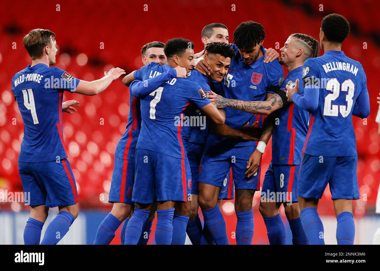England's Ollie Watkins, centre, is congratulated by teammates after scoring his team's fifth goal during the World Cup 2022 group I qualifying soccer match between England and San Marino at Wembley stadium in London, Thursday March 25, 2021. (Adrian Dennis/Pool Photo via AP) Banque D'Images