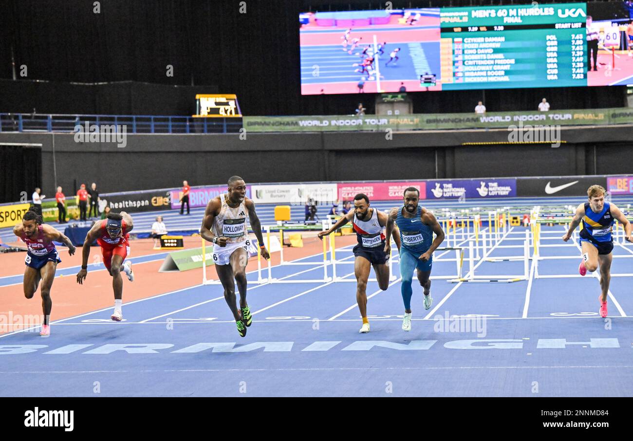 Birmingham, Royaume-Uni, 25 février 2023. Grant HOLLOWAY (États-Unis) remporte les 60M haies de Mens à la finale 2023 du circuit intérieur mondial de Birmingham. Credit: Francis Knight/Alay Live News Banque D'Images