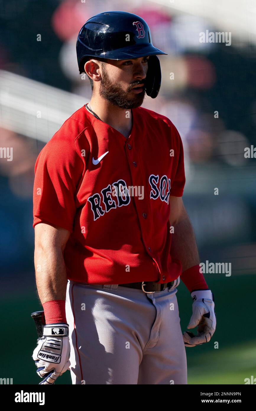 Boston Red Sox Connor Wong (74) bats during a Major League Spring Training game against the Atlanta Braves on March 7, 2021 at CoolToday Park in North Port, Florida. (Mike Janes//Four Seam Images via AP) Banque D'Images