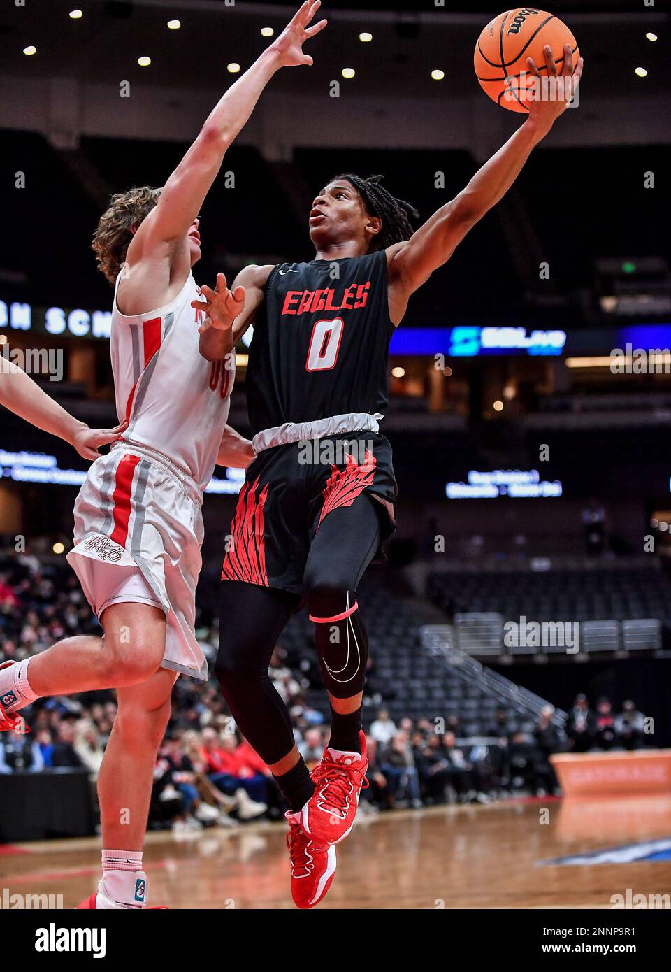 Anaheim, Californie. 25th févr. 2023. Etiwanda (0) Amare Campbell cherche à tirer en action pendant le championnat de basket-ball CIF-SS Boys DIV 1. Mater Dei vs Etiwanda.Louis Lopez/Modern Exposure/Cal Sport Media/Alamy Live News Banque D'Images