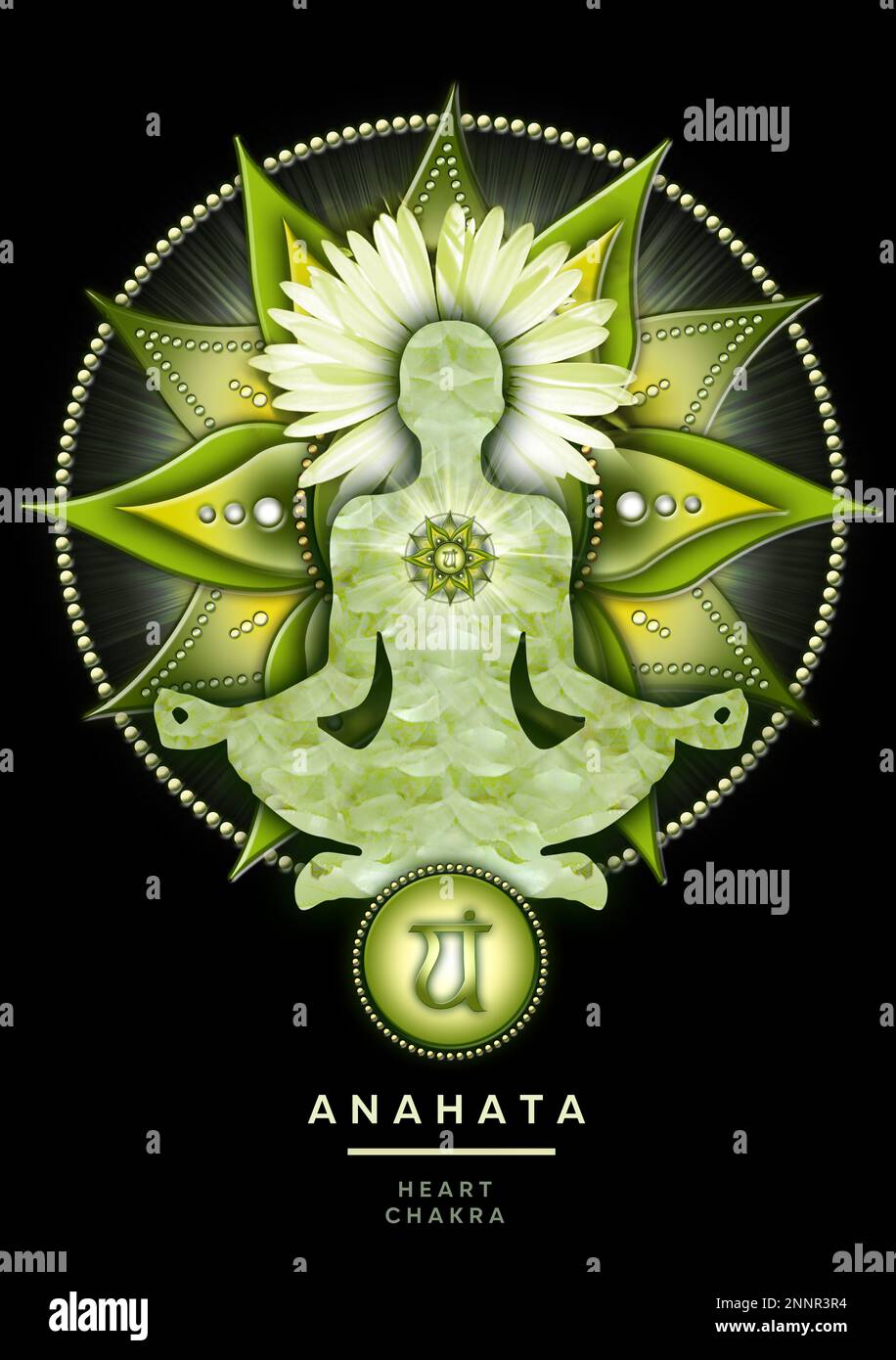 Méditation chakra de coeur dans le yoga lotus pose, devant le symbole de chakra anahata. Banque D'Images