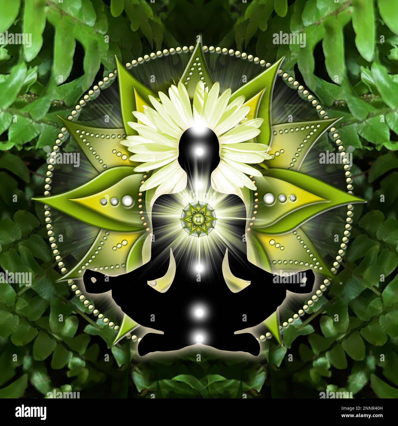 Méditation chakra de coeur dans le yoga lotus pose, devant le symbole de chakra anahata et calmant, fougères vertes. Banque D'Images
