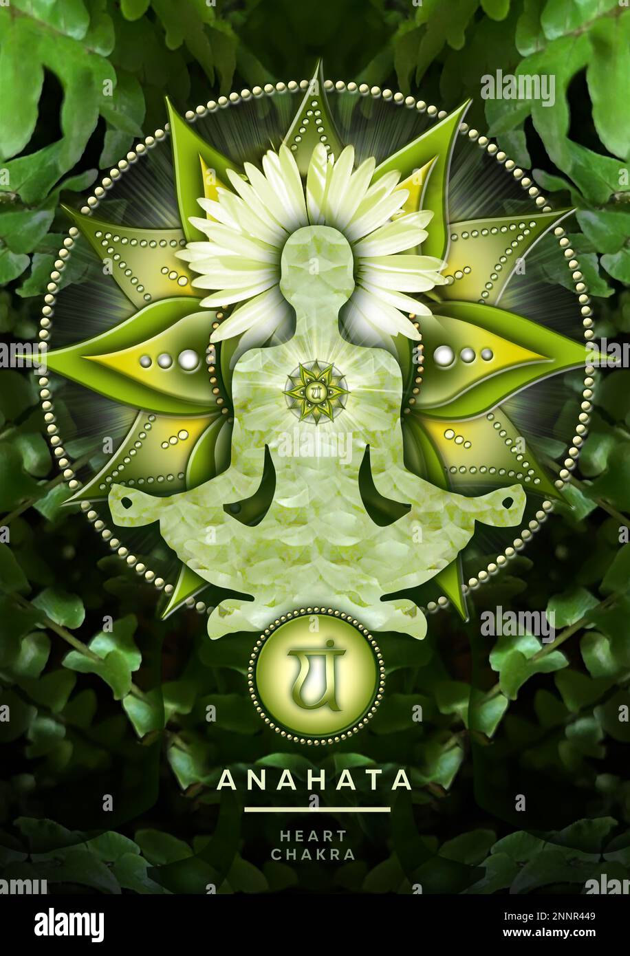 Méditation chakra de coeur dans le yoga lotus pose, devant le symbole de chakra anahata et calmant, fougères vertes. Banque D'Images