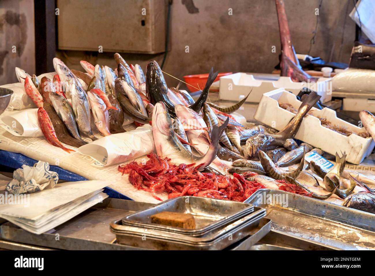 Piscaria, le marché quotidien de la rue à Catane Sicile Italie. Poisson frais, viande, légumes Banque D'Images