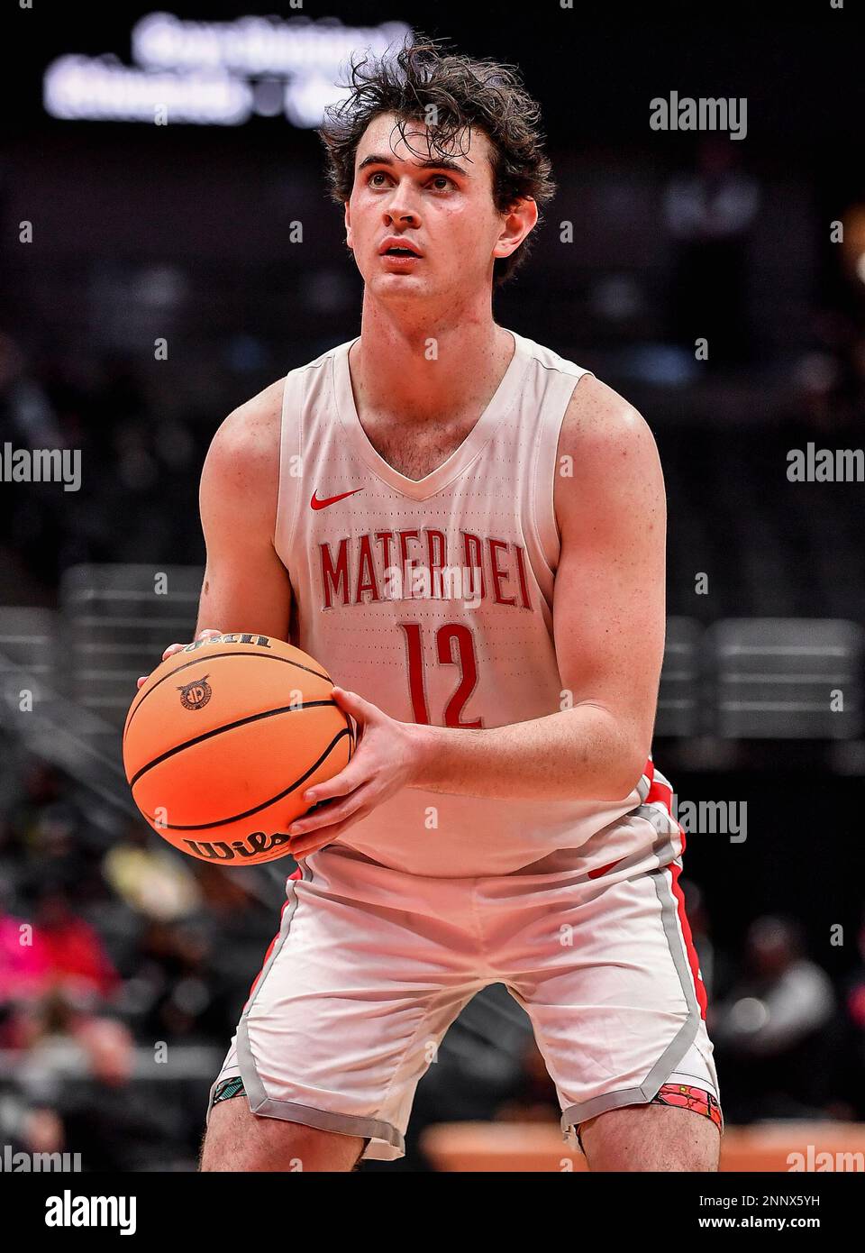 25 février 2023 Anaheim, CA.Mater Dei (12) Zack Davidson pendant le championnat de basket-ball CIF-SS Boys DIV 1. Mater Dei contre Etiwanda.Mater Dei défait Etiwanda 66-53.Louis Lopez/Modern Exposure/Cal Sport Media Banque D'Images