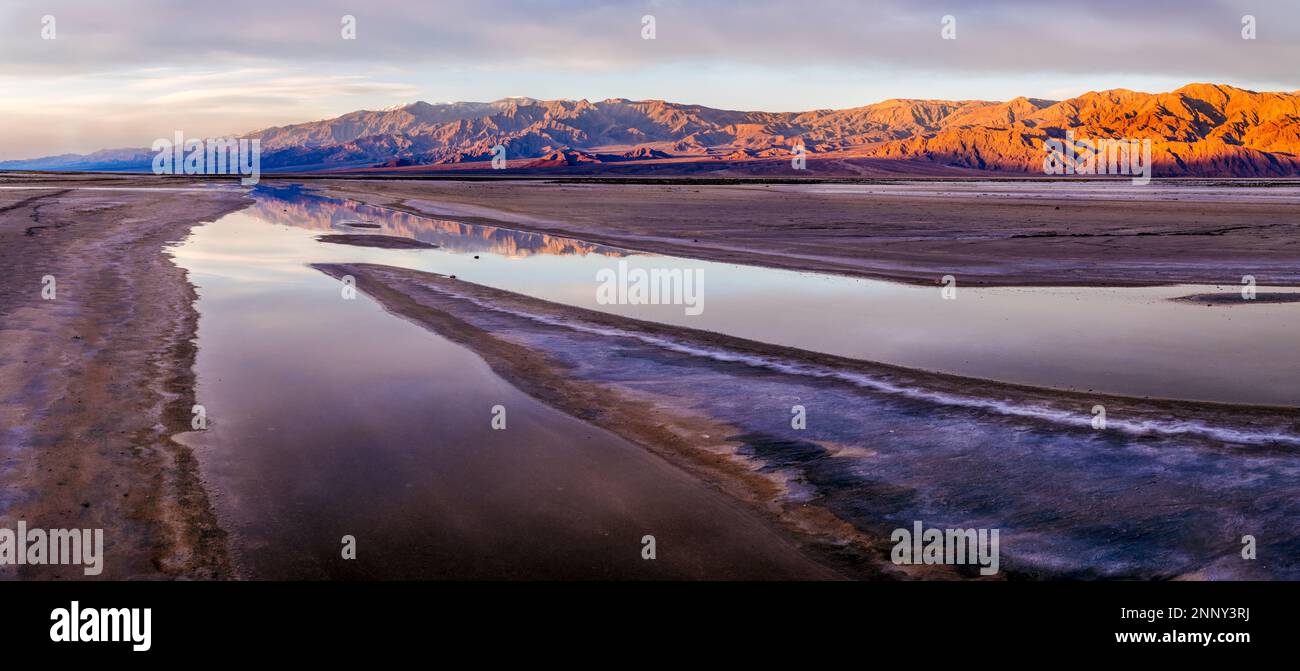 Désert au coucher du soleil, bassin de Cottonball, parc national de la Vallée de la mort, désert de Mojave, Californie, États-Unis Banque D'Images