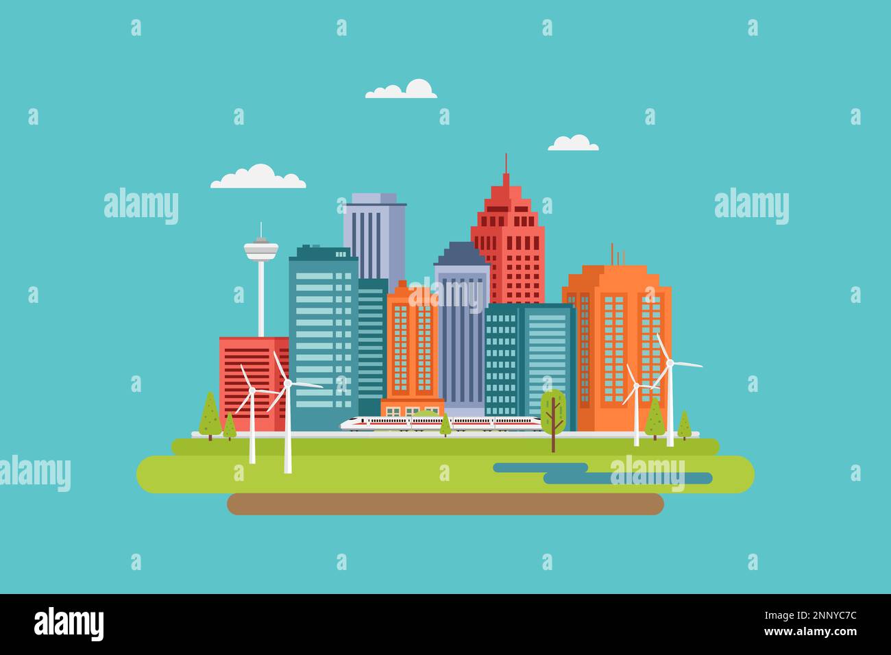 design élégant et plat, gratte-ciel modernes, énergie écologique et grande mobilité Illustration de Vecteur