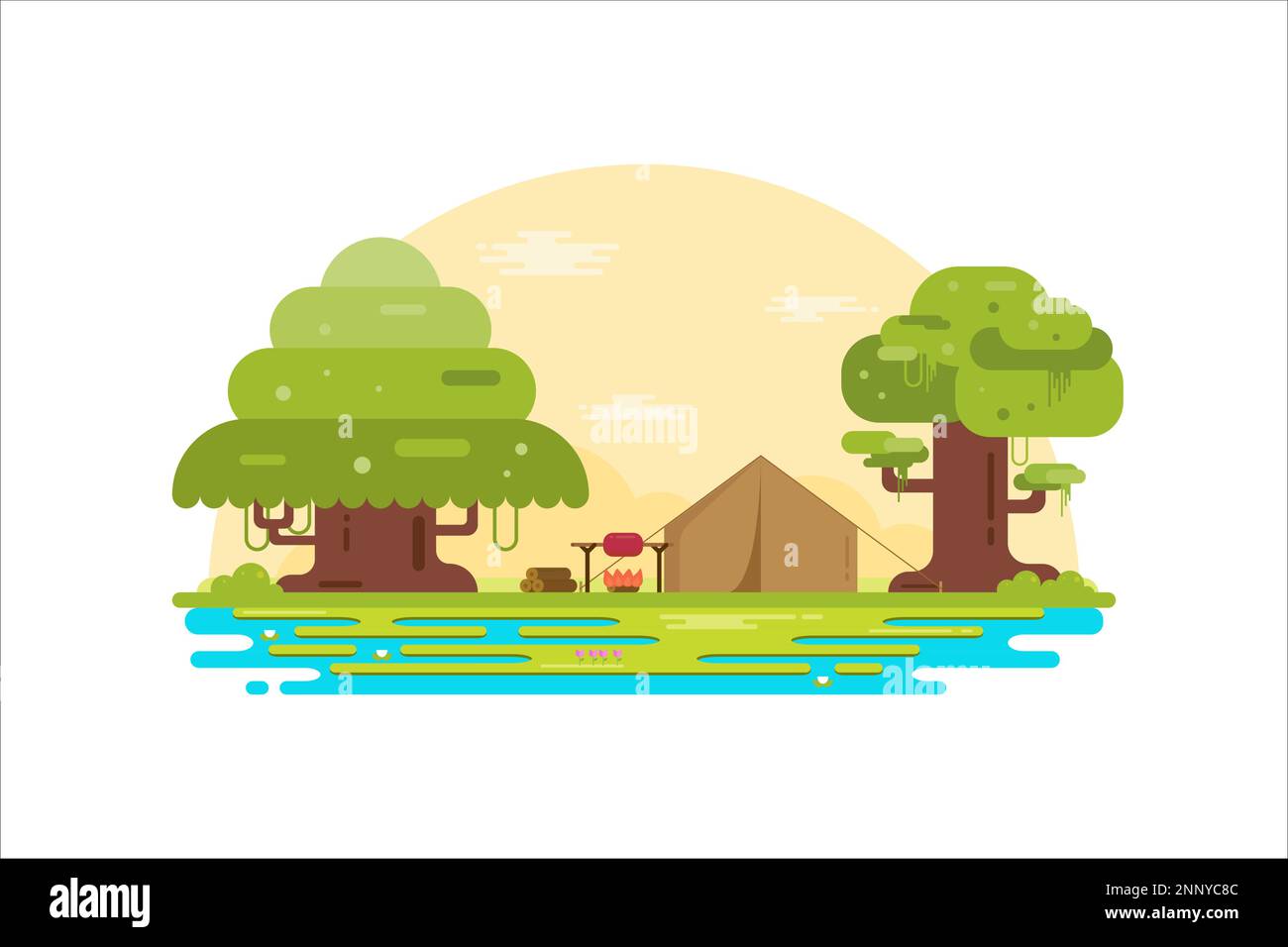 Illustration vectorielle du camping autour des collines et des lacs avec un concept de design plat Illustration de Vecteur