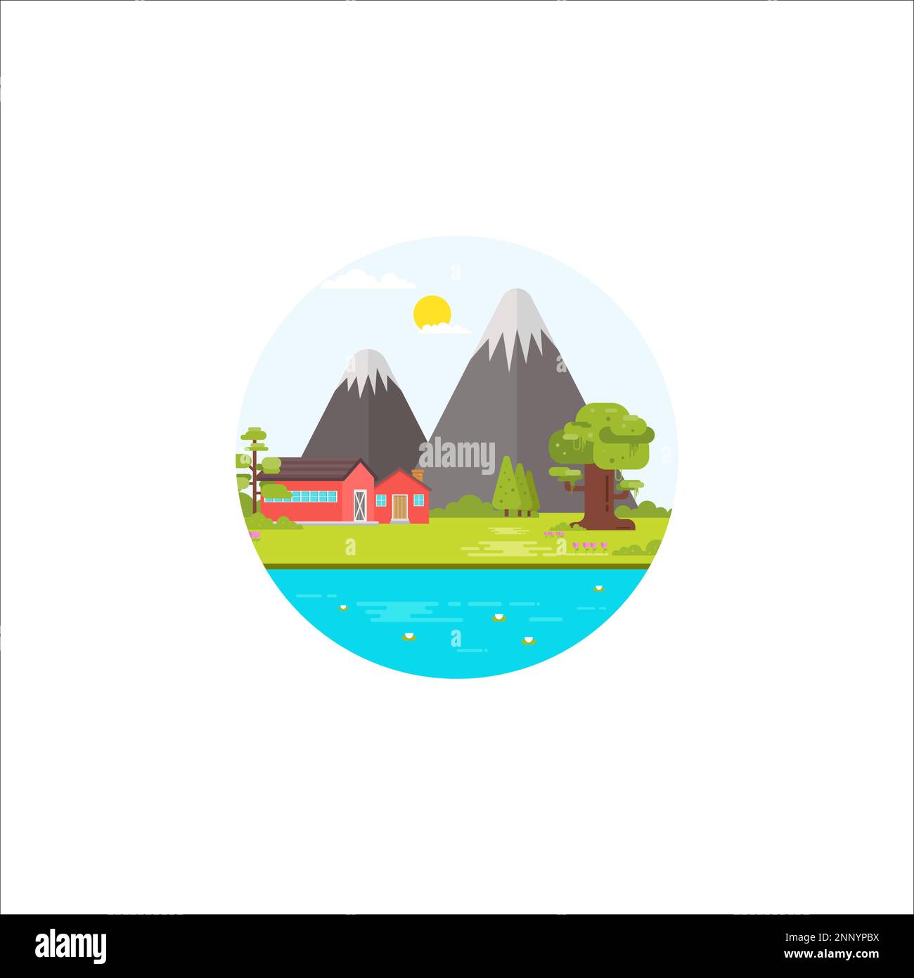 illustration du logo de l'emblème rond de la zone de plantation dans la forêt près de la rivière Illustration de Vecteur