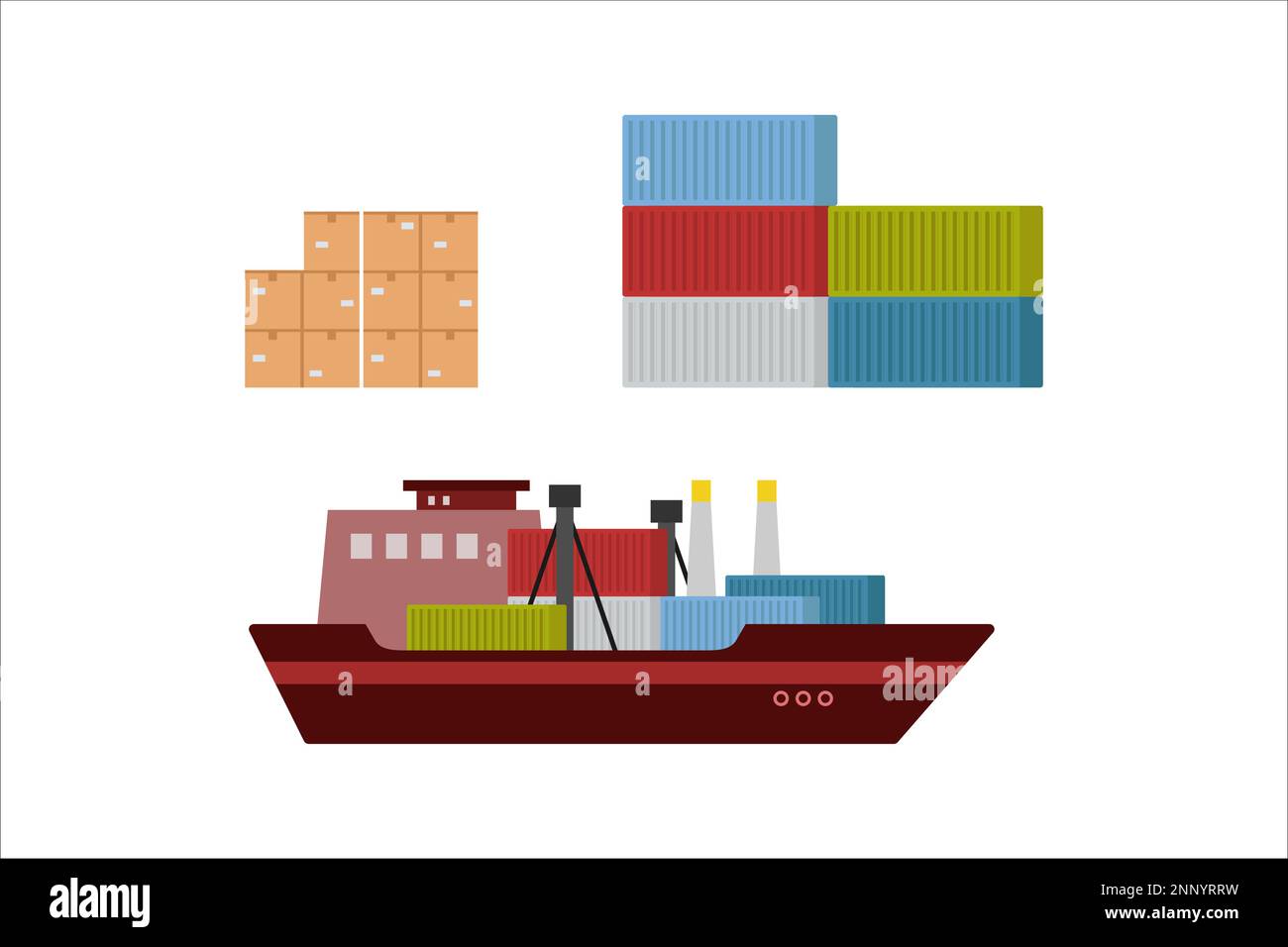 Livraison de marchandises par expédition avec conteneur et coffret à plat sur fond blanc Illustration de Vecteur