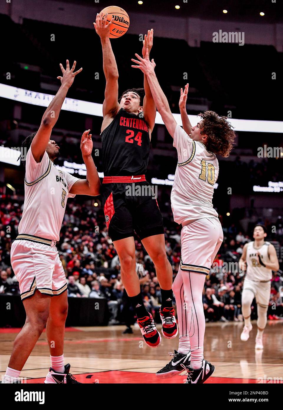 25 février 2023 Anaheim, CA.Cenetennial Corona (24) Jared McCain en action pendant le championnat de basket-ball ouvert DIV pour garçons CIF-SS. Centennial Corona vs St. John Bosco.Centennial bat Bosco 58-57.Louis Lopez/Modern Exposure/Cal Sport Media Banque D'Images