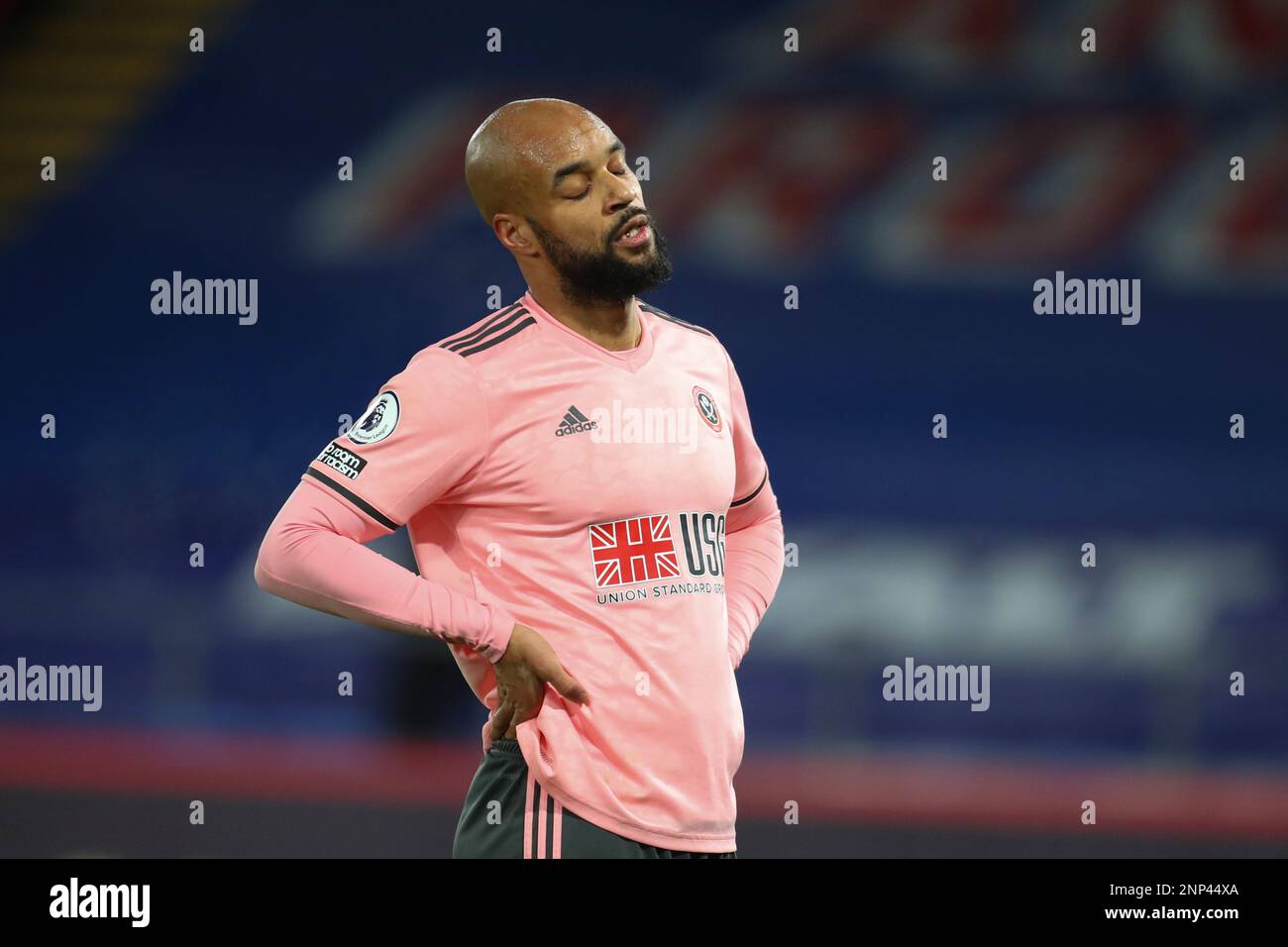 Sheffield United's David McGoldrick reacts during the English Premier League soccer match between Crystal Palace and Sheffield United in London, England, Saturday, Jan. 2, 2021. (Catherine Ivill/Pool via AP) Banque D'Images