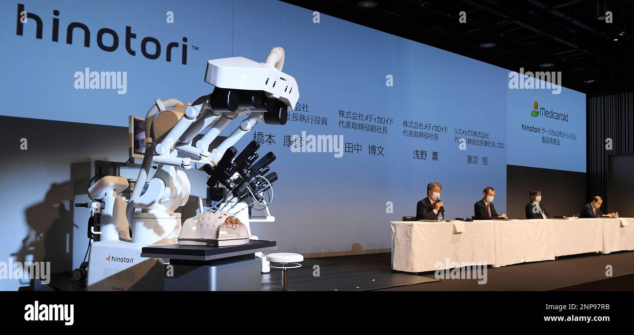 hinotori, the first surgery support robot system, is unveiled in Minato  Ward, Tokyo on Nov. 18, 2020. The robotic assisted system, developoed by  Kawasaki Heavy Industries and Medicaroid, has been launched after