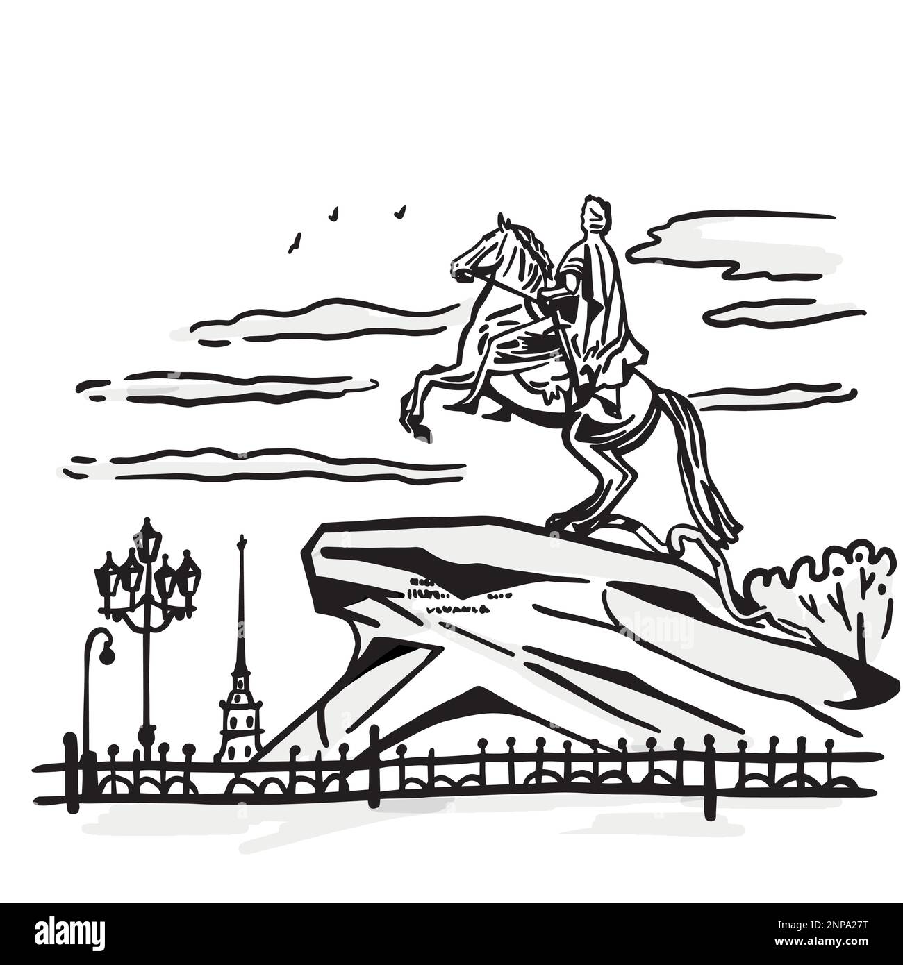 Vue sur la rue Saint-Pétersbourg sur le monument à Pierre le Grand et la forteresse Pierre et Paul. Esquisse. Illustration en noir et blanc. Illustration de Vecteur