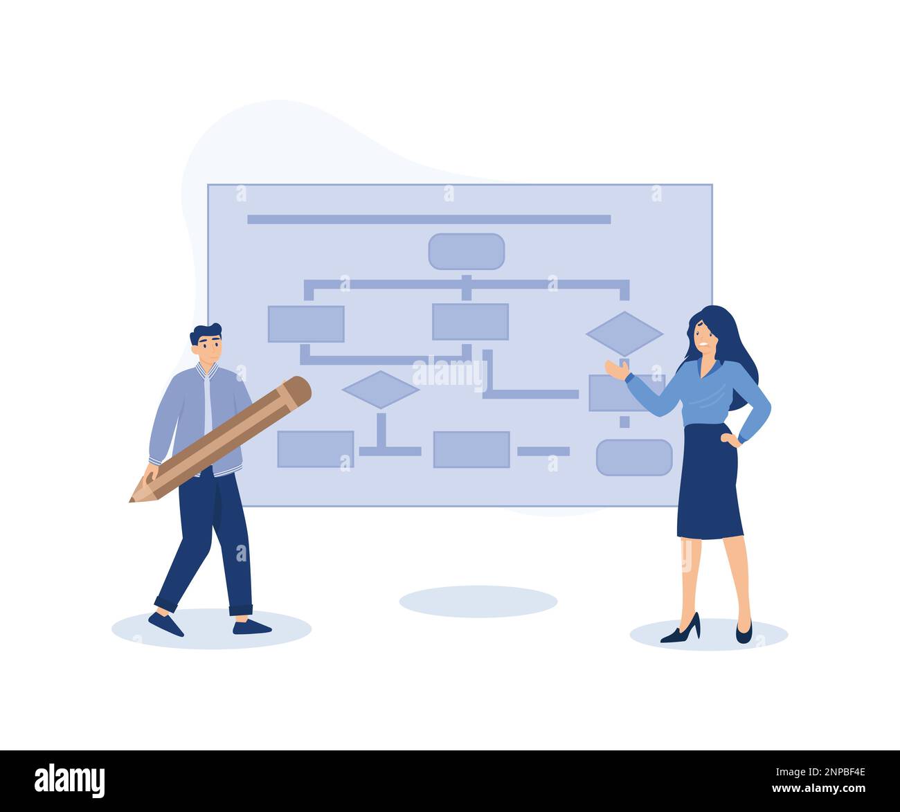 Processus métier, stratégie de mise en œuvre du concept, processus de flux de travail de mise en plan des personnes métier.illustration moderne à vecteur plat Illustration de Vecteur