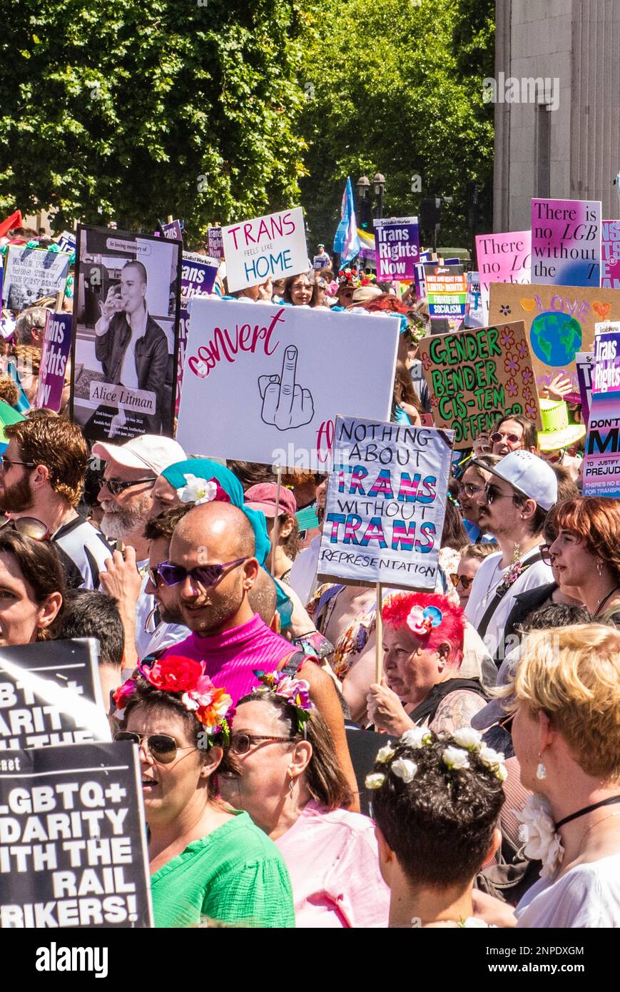 Un grand nombre de personnes se sont rassemblées dans le centre de Londres pour protester contre le manque de droits et de soins de santé pour les personnes transgenres avec de grandes bannières, dont celle qui donne le doigt à la thérapie de conversion. Banque D'Images