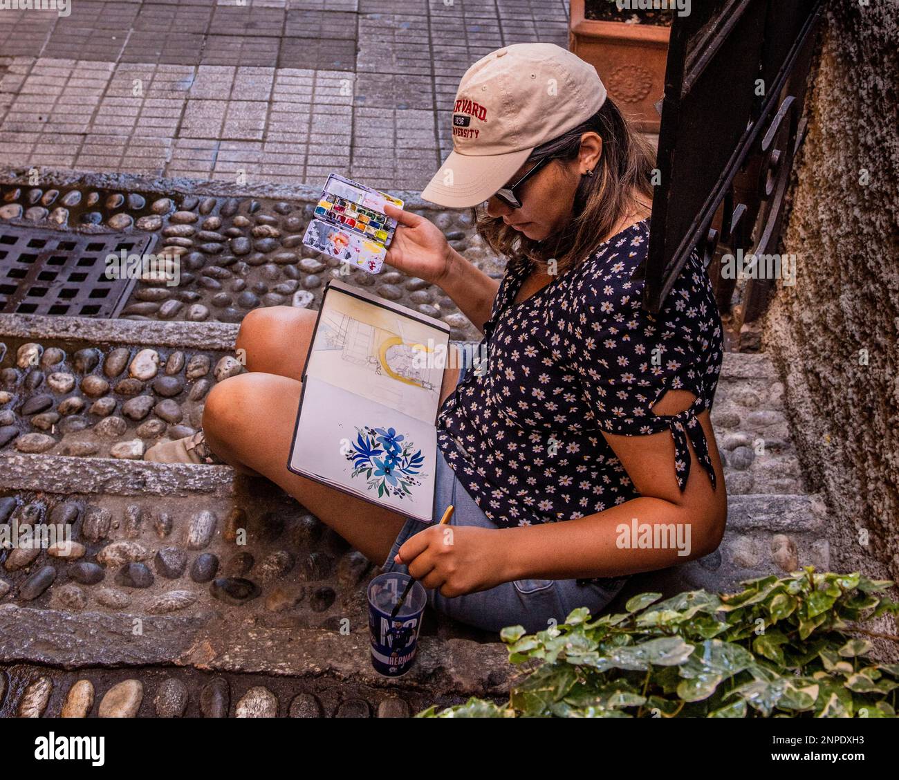 Une dame peint avec des aquarelles sur un carnet de croquis assis sur une étape en pierre à Bellagio sur les rives du lac de Côme. Banque D'Images
