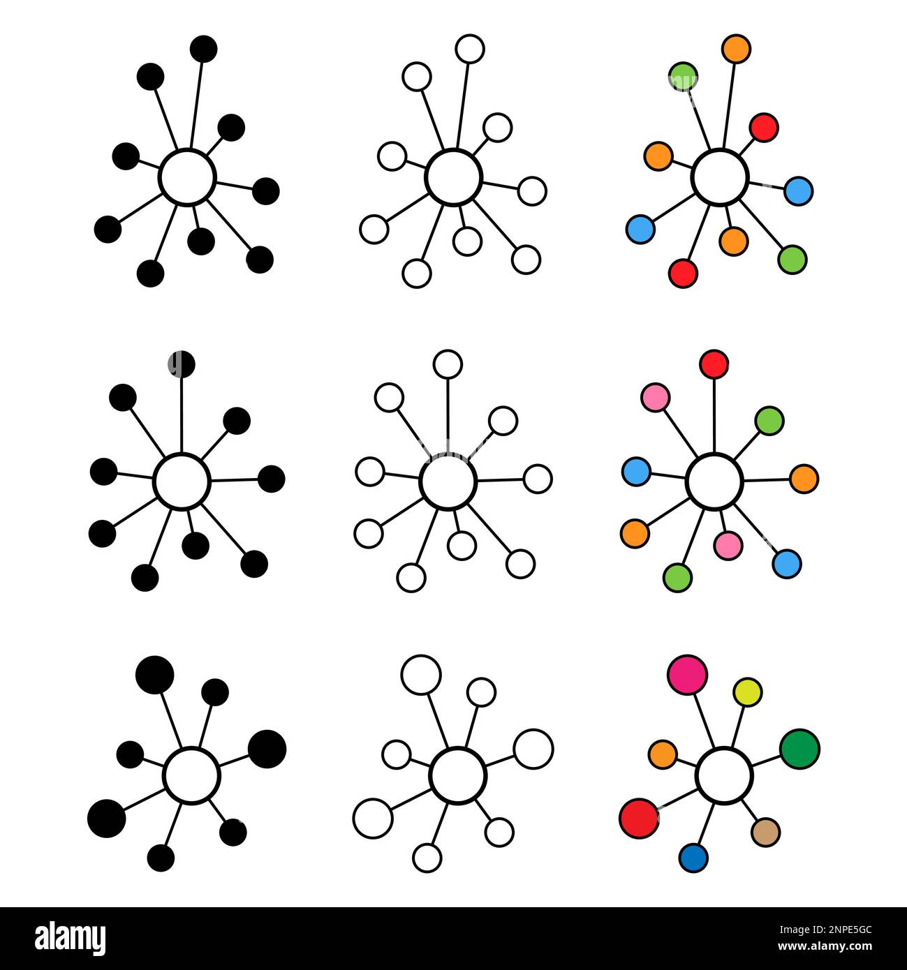 Ensemble de Hub réseau plat icône, connecter structure vecteur symbole fond isolé, système de technologie . Illustration de Vecteur