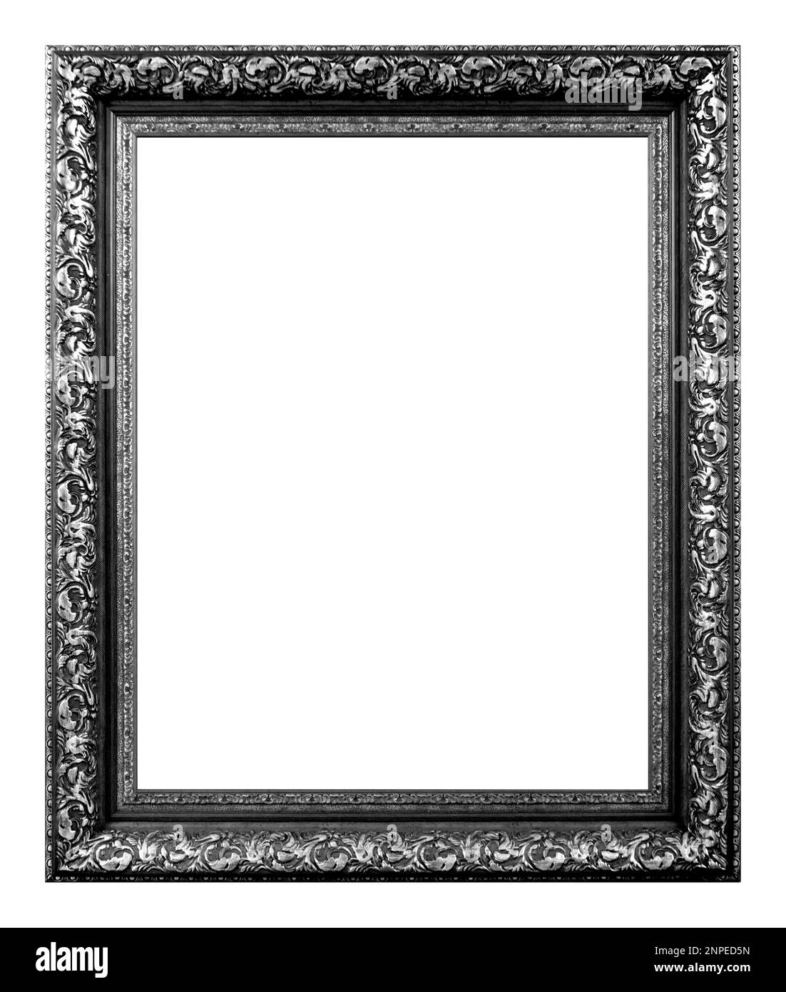 Cadre argent antique isolé sur fond blanc. Banque D'Images