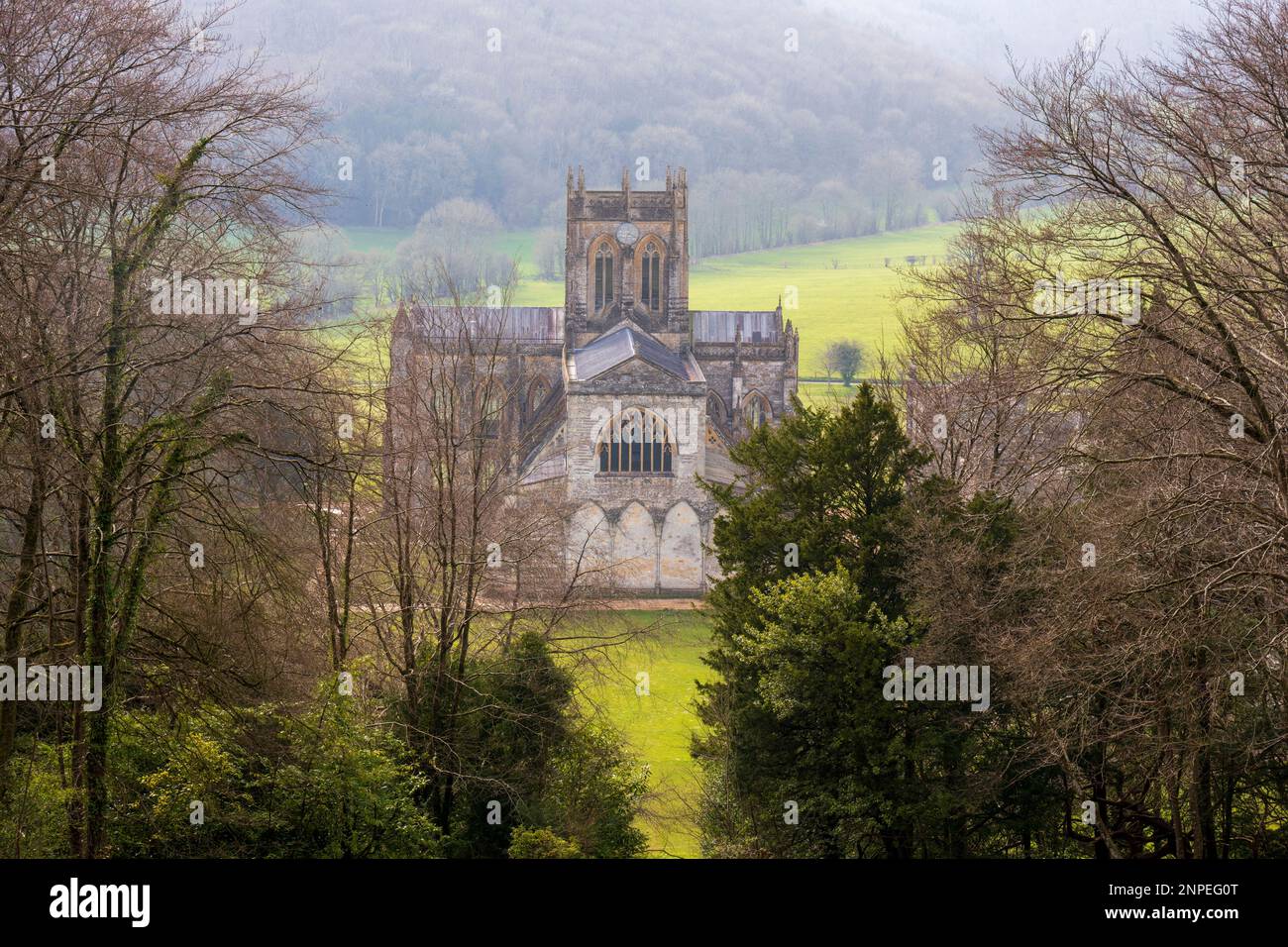 L'église de l'abbaye de Milton à Dorset entourée d'arbres d'hiver. Banque D'Images