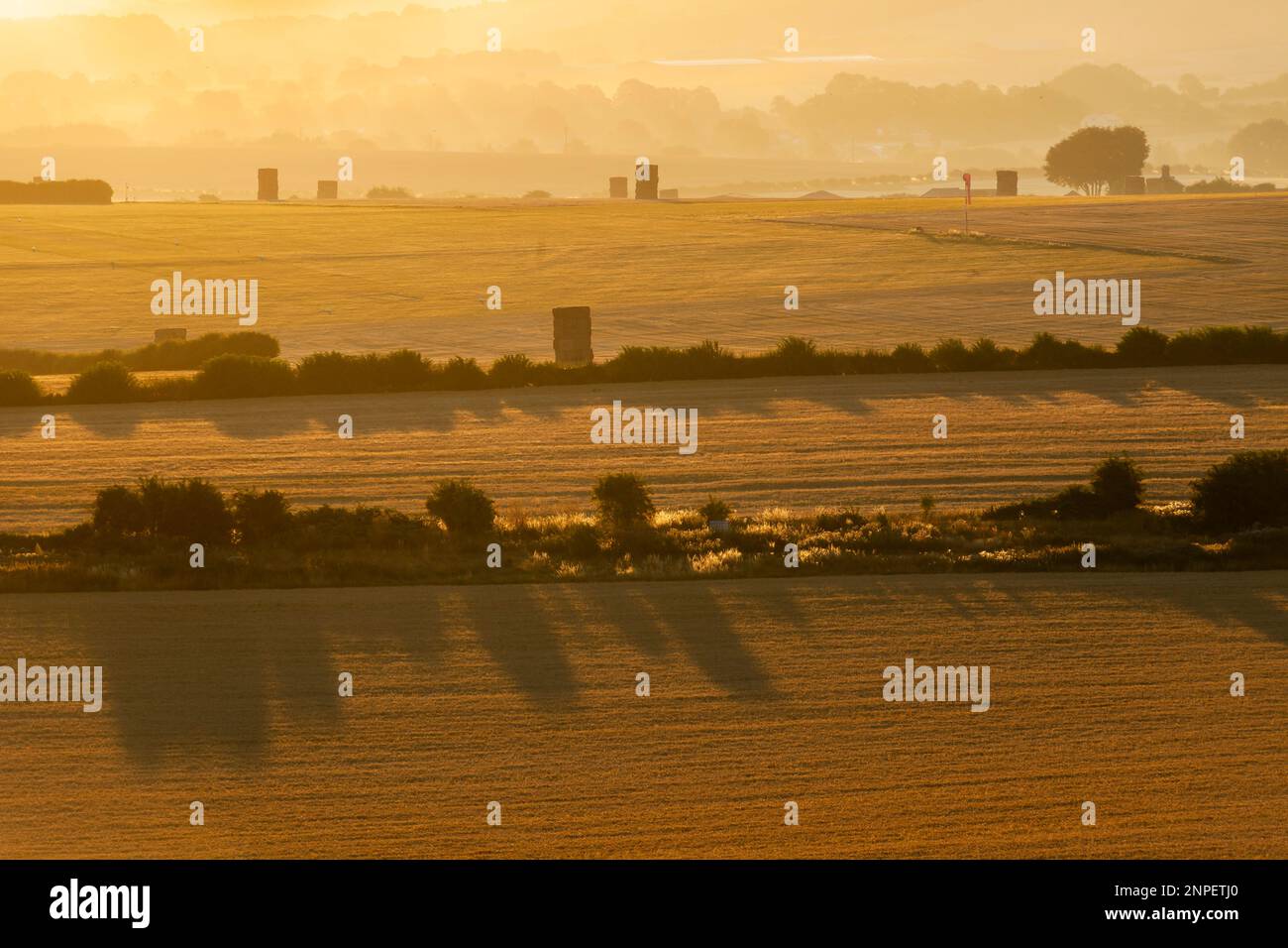 Lever de soleil d'été sur la plaine de Salisbury vue de la vieille Sarum. Banque D'Images