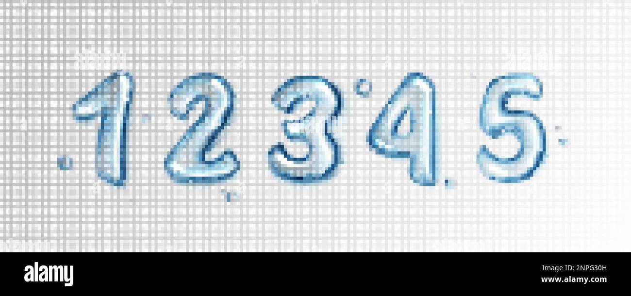 Police d'eau, bulles bleues en forme de nombres. Icônes numériques Aqua ou gel liquide. L'eau bleue claire tombe en forme de chiffres de un à cinq isolés sur t Illustration de Vecteur