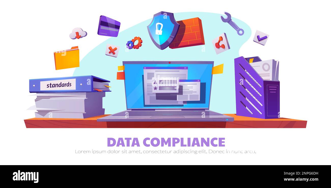 Modèle de bannière de bande dessinée sur la conformité des données. Illustration vectorielle de l'ordinateur portable, verrou de protection, carte de crédit, dossier avec papiers, mur de briques, nuage et coche Illustration de Vecteur