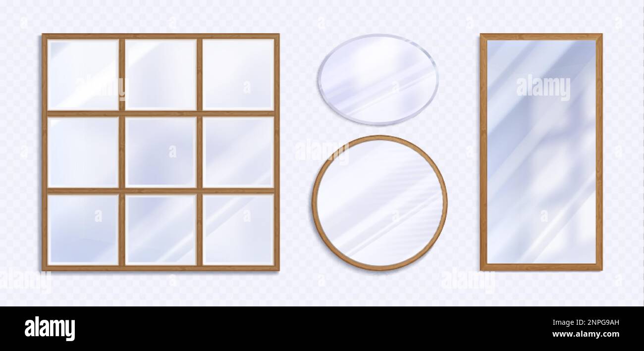 Ensemble réaliste de miroirs différents png isolé sur fond transparent. Illustration vectorielle de maquettes en verre à réflexion carrées, rondes et rectangulaires Illustration de Vecteur