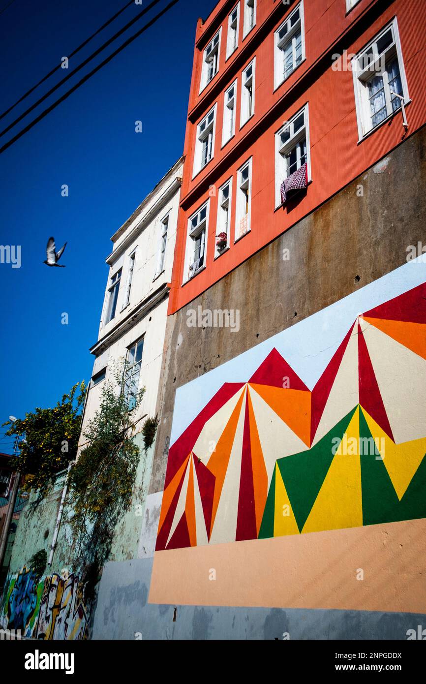 Pigeon volant dans un ciel bleu, streetart coloré Banque D'Images