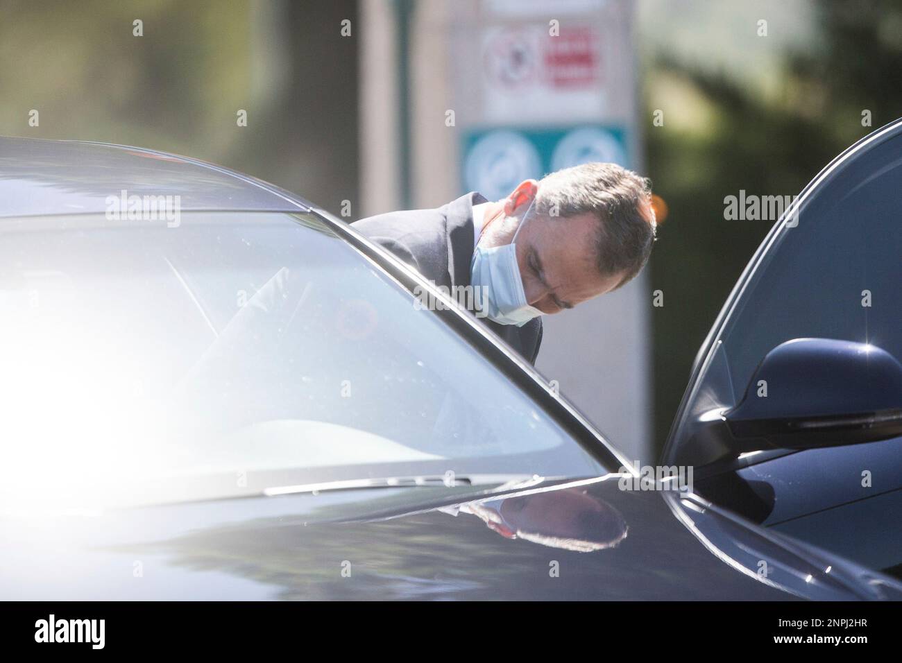 The King of Spain, Don Felipe, on his arrival at the funeral of Jaime Carvajal, husband of Xandra Falco and son-in-law of the Marquis of Grinon, in the Cemetery of La Paz, in Alcobendas, Madrid (Spain), on September 4, 2020. Joaquin Corchero / AFP7 / Europa 09/04/2020 (Europa Press via AP) Banque D'Images