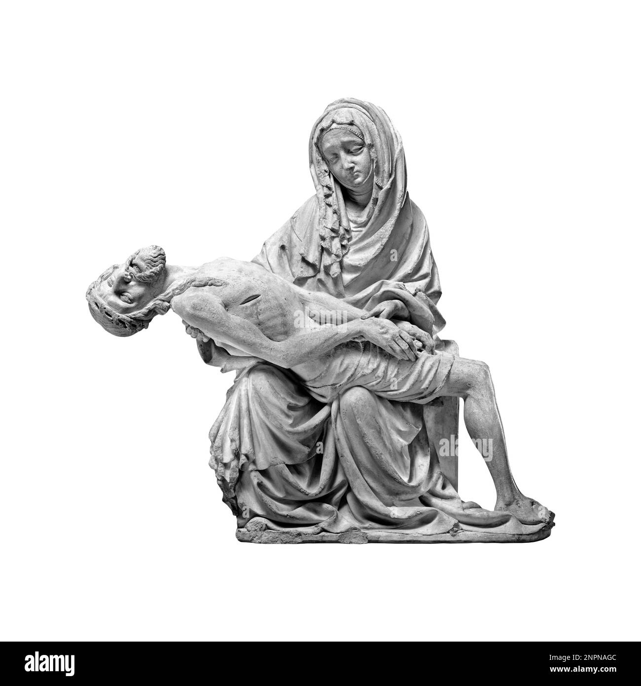 Pieta le corps de Jésus sur les genoux de sa mère Marie après la Crucifixion isolé sur fond blanc Banque D'Images