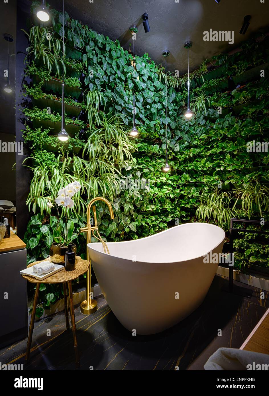 Salle de bain dans un salon de beauté moderne, salle de bain luxueuse dans un spa avec jardin vertical. Vue verticale sur le mur des plantes vertes et la baignoire de l'hôtel. Concept de Banque D'Images