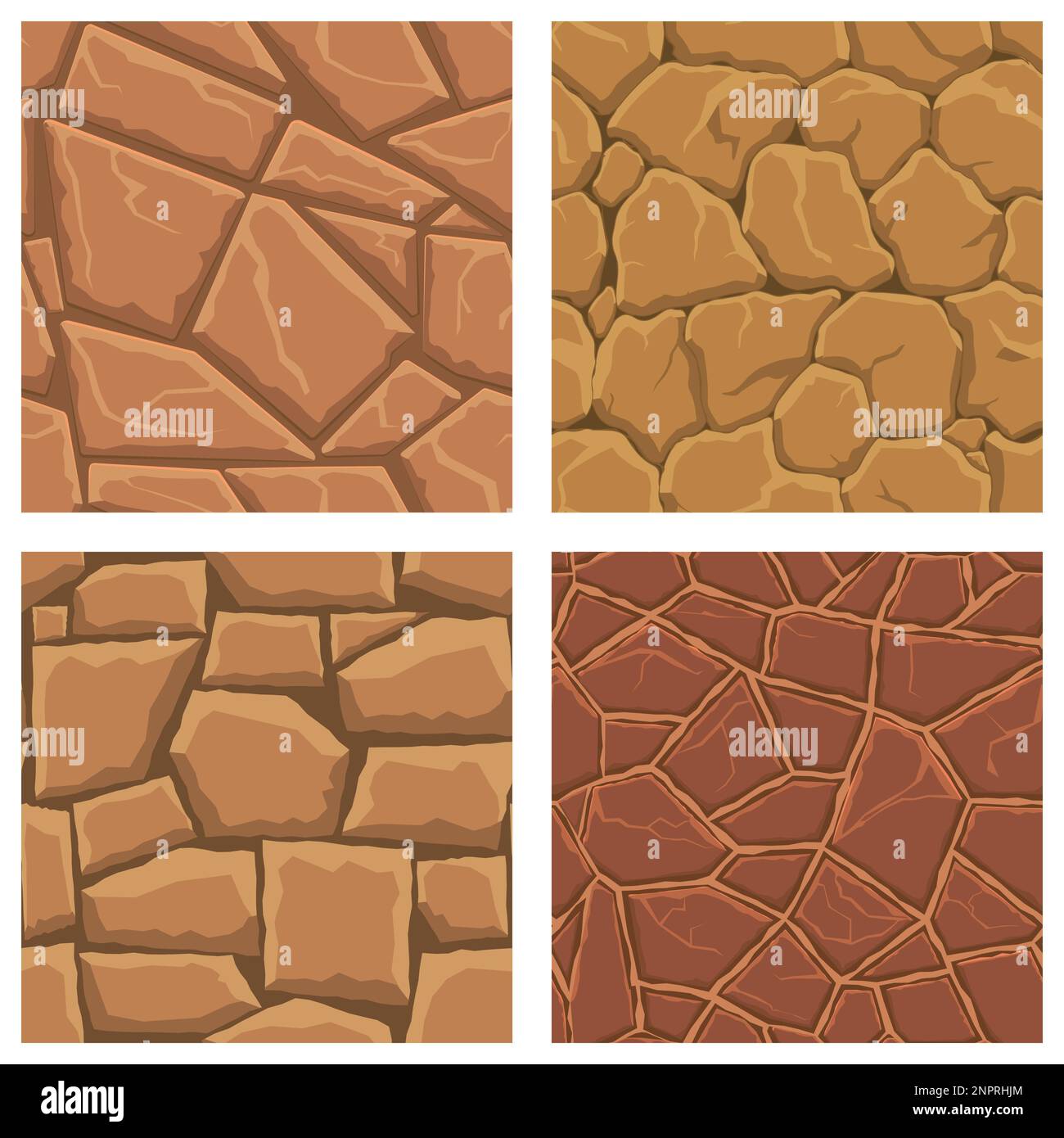 Textures de jeu de dessin animé, rochers, saleté et surface de sol sans couture motifs. Supports de jeu murs et arrière-plans d'environnement. Illustration de Vecteur