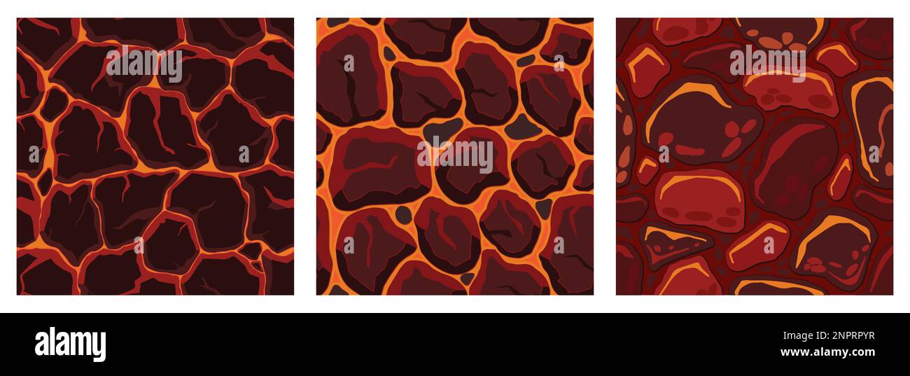 Textures de jeu de dessin animé, surfaces de lave sans couture motifs. Supports de jeu murs et arrière-plans d'environnement. Illustration de Vecteur