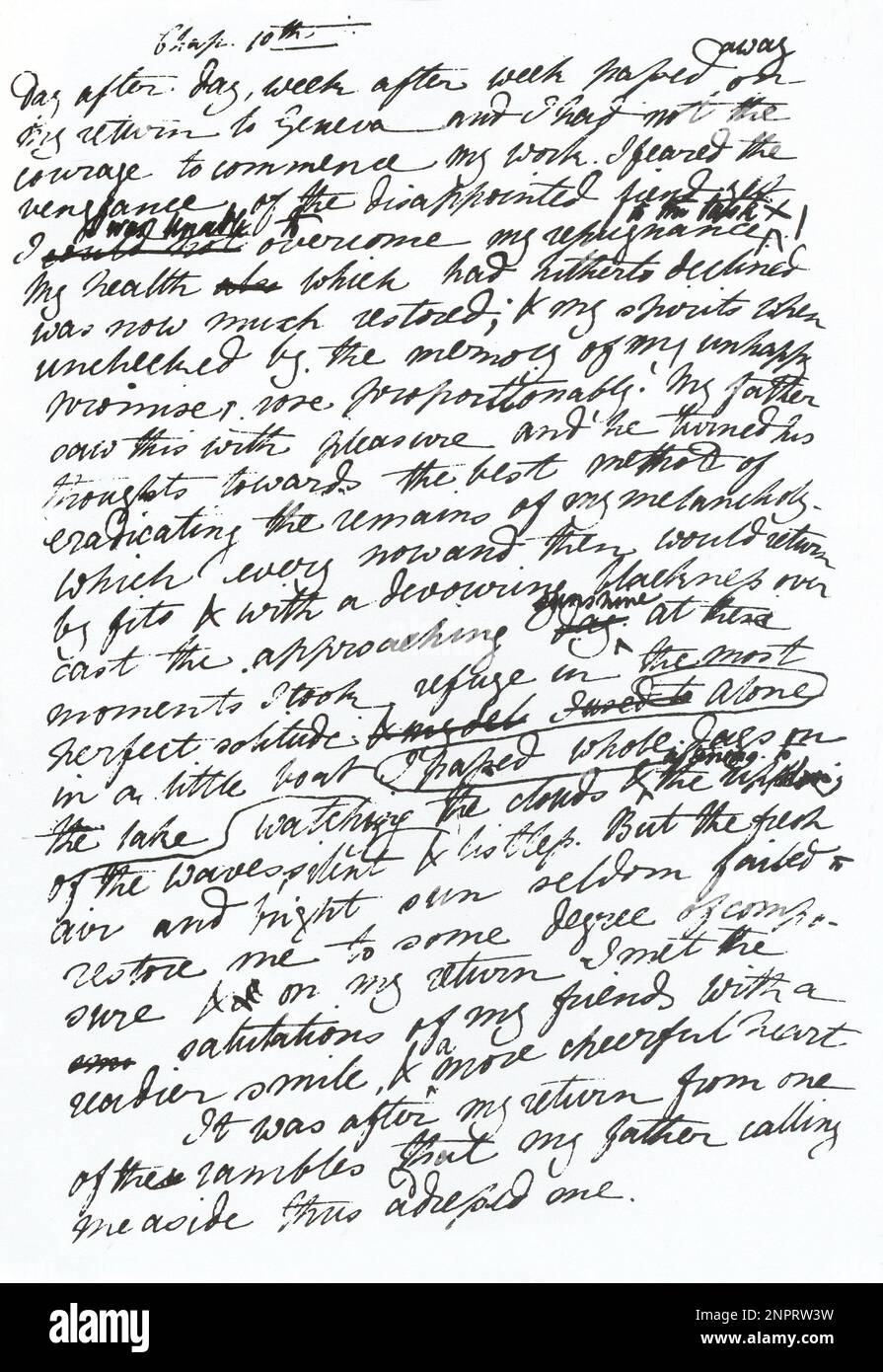 La première page ( vol II ) du manuscrit autographe du livre FRANKENSTEIN ( 1818 ) de la célèbre écrivaine britannique MARY SHELLEY WOLLSTONECRAFT Godwin ( Londres 1797 - 1851 ) , épouse du poète romantique Percy Byshe Shelley ( 1792 - 1822 ) - SCRITTRICE - SCRITTORE - LETTERATURA - LITTÉRATURE - HORREUR - manoscritto - autografo - autographe --- Archivio GBB Banque D'Images