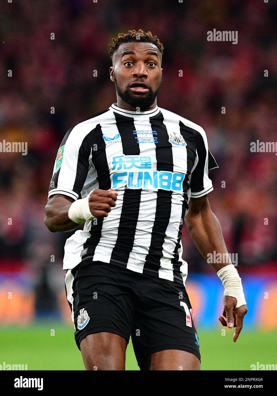 Wembley, Londres, Royaume-Uni. 26th févr. 2023. Allan Saint-Maximin, de Newcastle, s'est Uni lors du match de finale de la Carabao Cup entre Manchester United et Newcastle, à Old Trafford, sur 26 février 2023, en Angleterre. (Photo de Jeff Mood/phcimages.com) Credit: PHC Images/Alamy Live News Banque D'Images