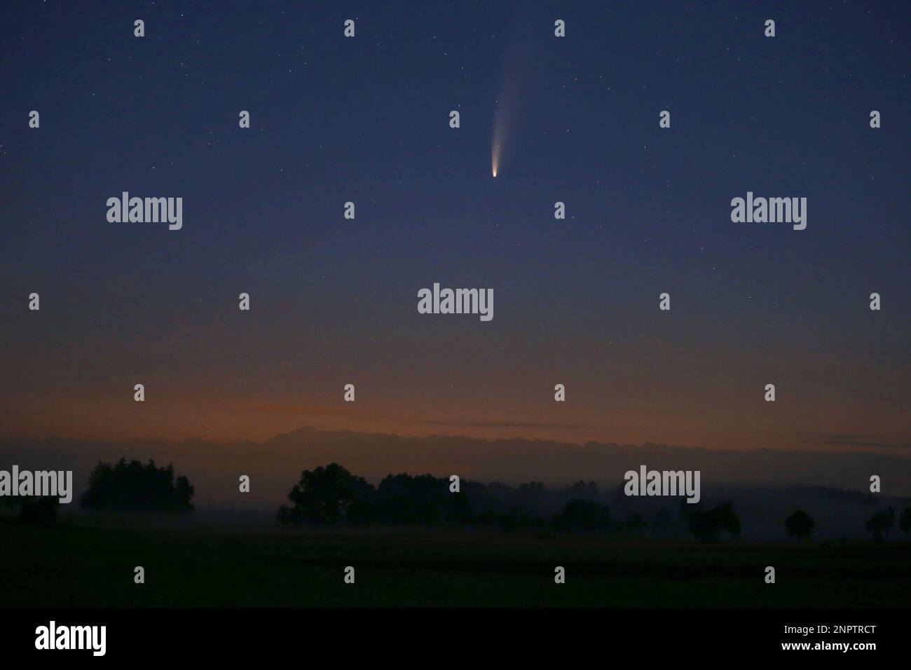 The comet Neowise or C/2020 F3 is be seen before sunrise over the Allg'u landscape, in Bad W'rishofen, Bavaria, Sunday, July 12, 2020.(Karl-Josef Hildenbrand/dpa via AP) Banque D'Images