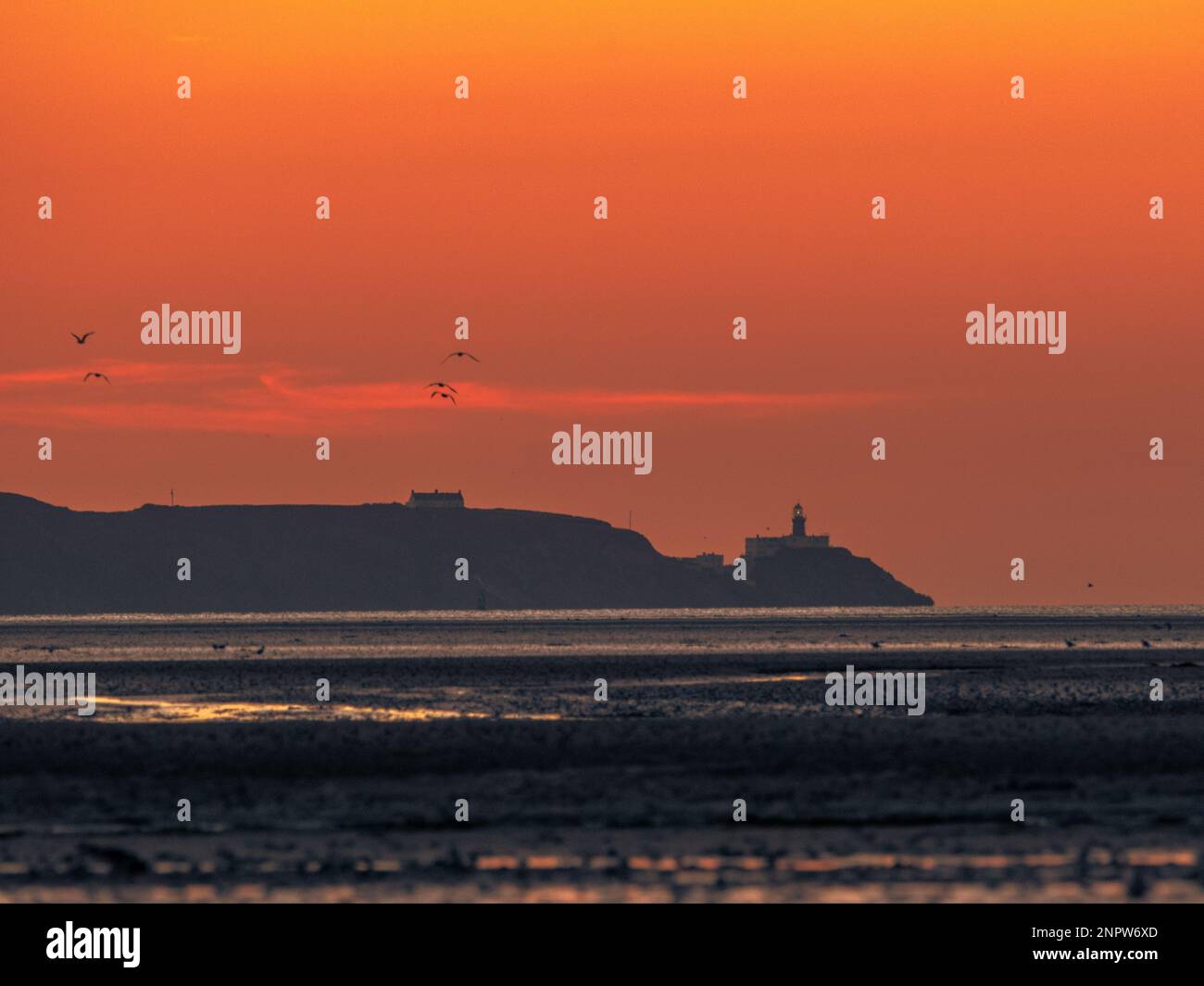 Petit matin, lueur au-dessus du phare BDaily depuis Sandymount Strand Banque D'Images