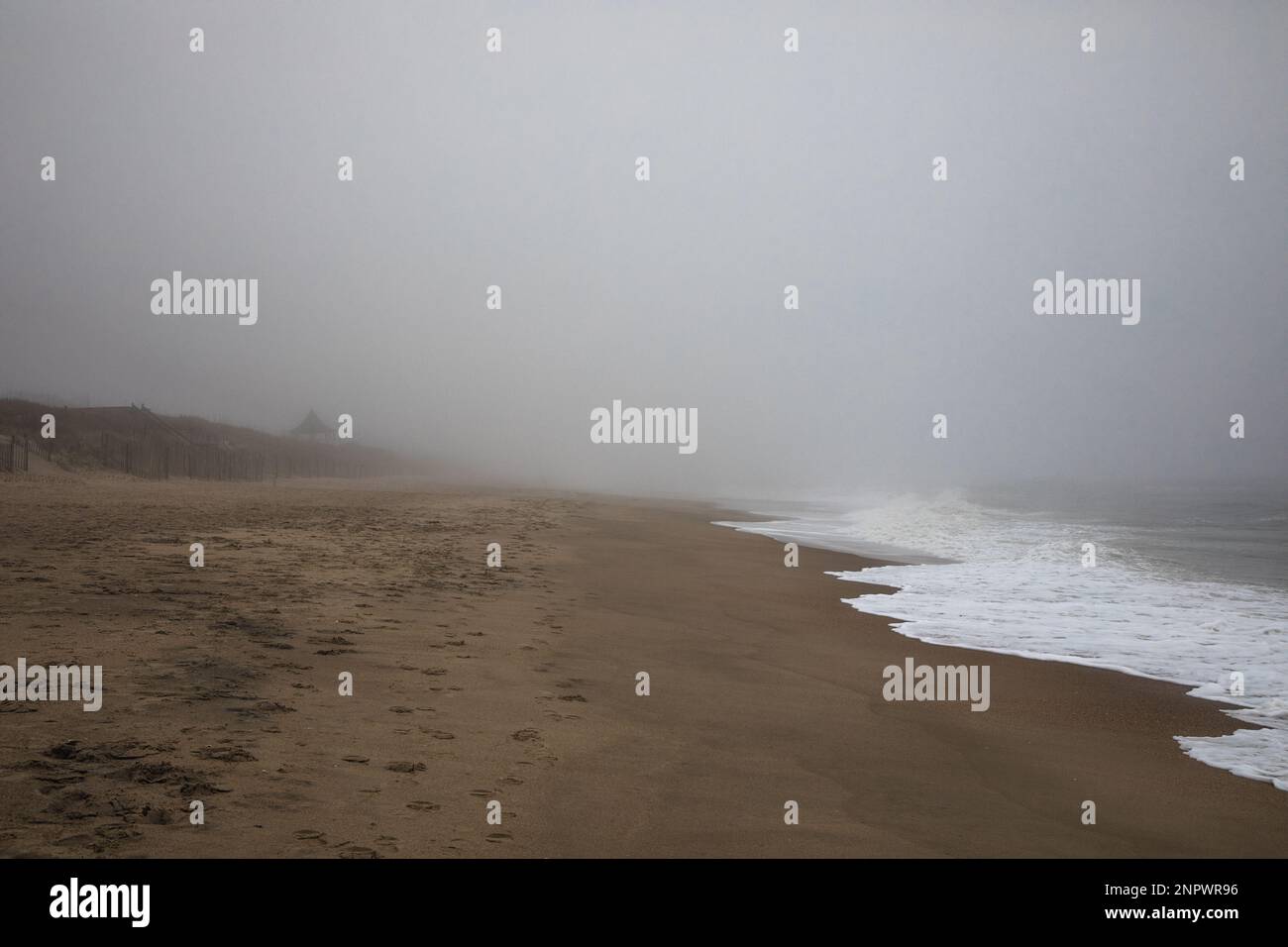 Plage de Foggy sinistre à la fin de l'hiver Banque D'Images