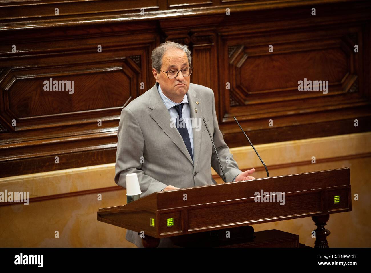 The President of the Generalitat, Quim Torra, during his speech in a plenary session, in the Catalan Parliament, where the management of the COVID-19 health crisis and the reconstruction of Catalonia in the face of the impact of the pandemic are discussed, in Barcelona, Catalonia (Spain), on July 1, 2020. 01 JULY 2020 David Zorrakino / Europa Press 07/01/2020 (Europa Press via AP) Banque D'Images