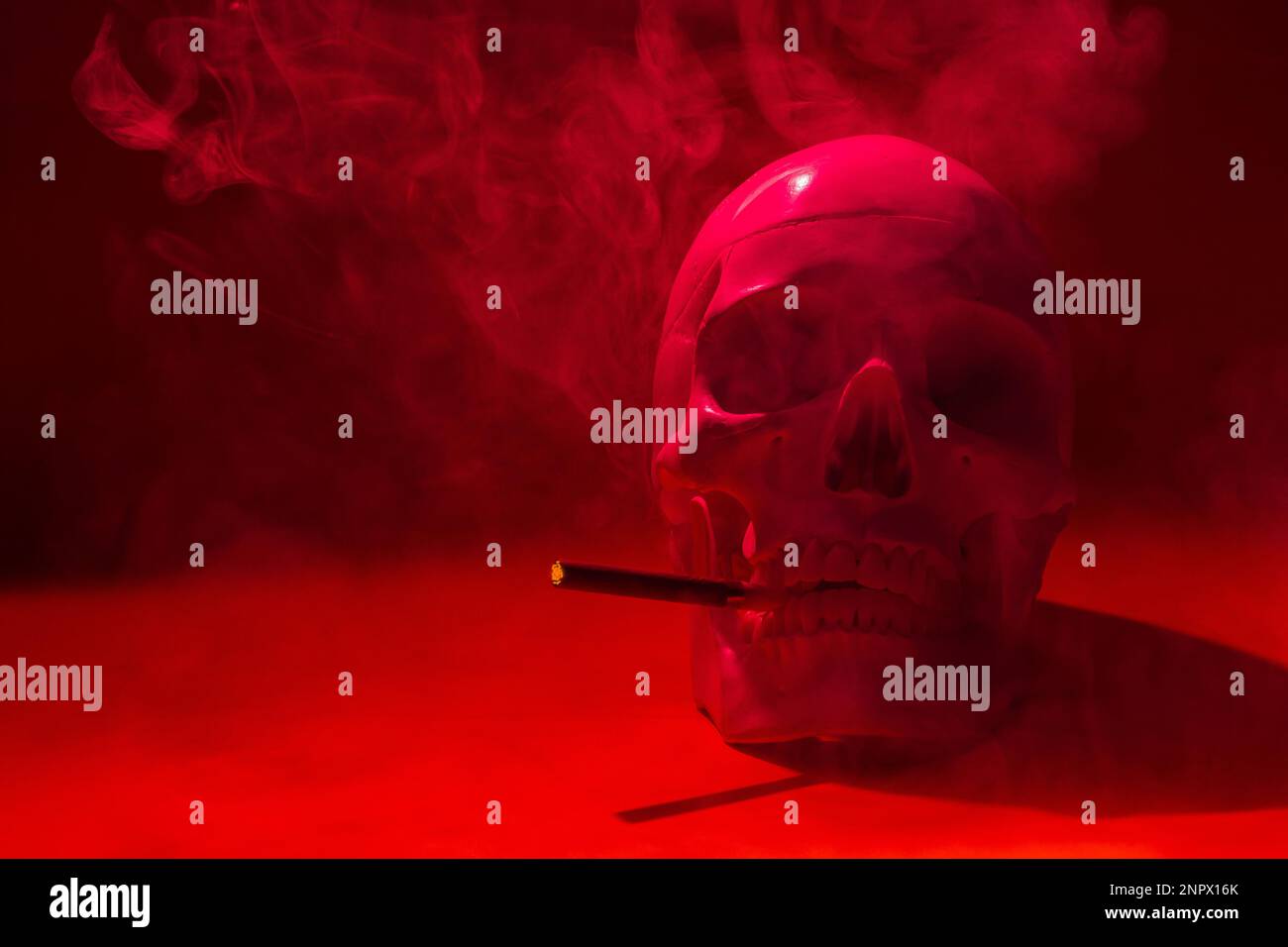 crâne d'un homme avec un squelette d'os de cigarette, un objet, sinistre horreur terrible, rouge en couleur, avec une cigarette brûlante dans la fumée. concept mort f Banque D'Images