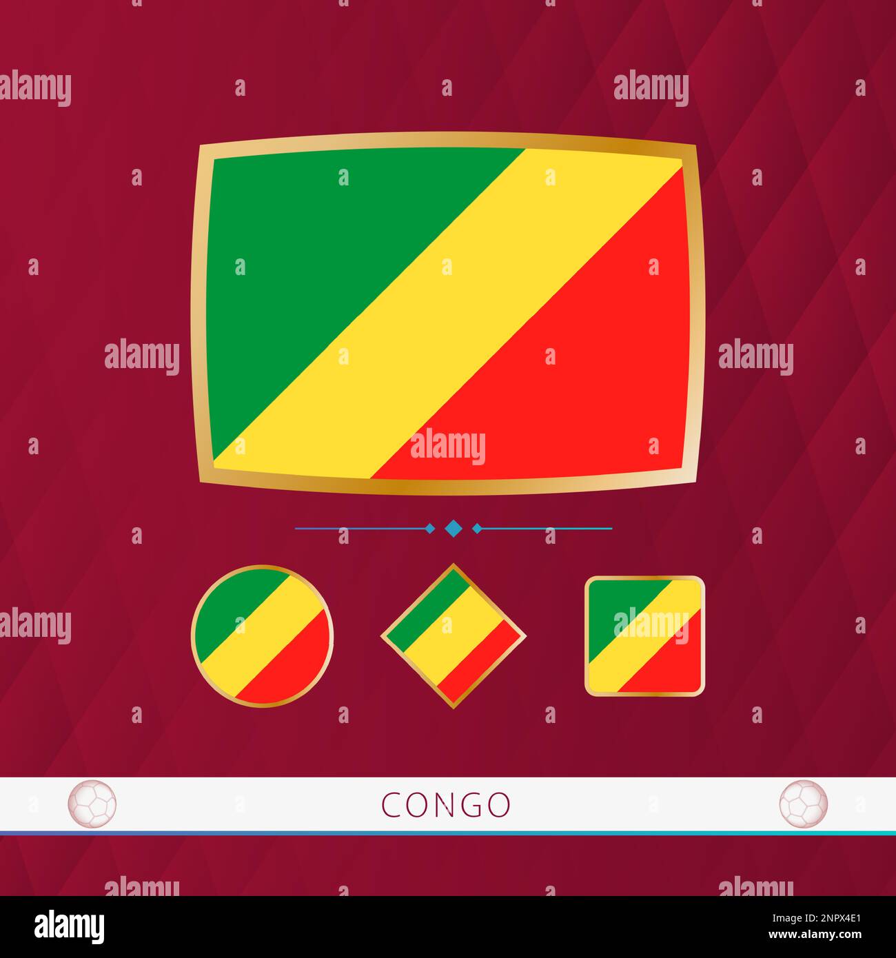Ensemble de drapeaux du Congo avec cadre doré pour les événements sportifs sur fond bordeaux abstrait. Ensemble vectoriel d'indicateurs. Illustration de Vecteur
