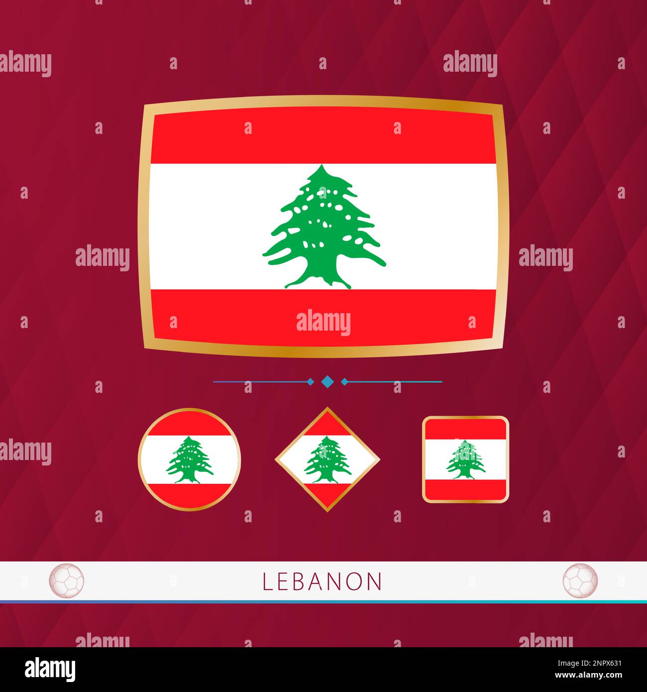 Ensemble de drapeaux libanais avec cadre doré pour les événements sportifs sur fond bordeaux abstrait. Ensemble vectoriel d'indicateurs. Illustration de Vecteur