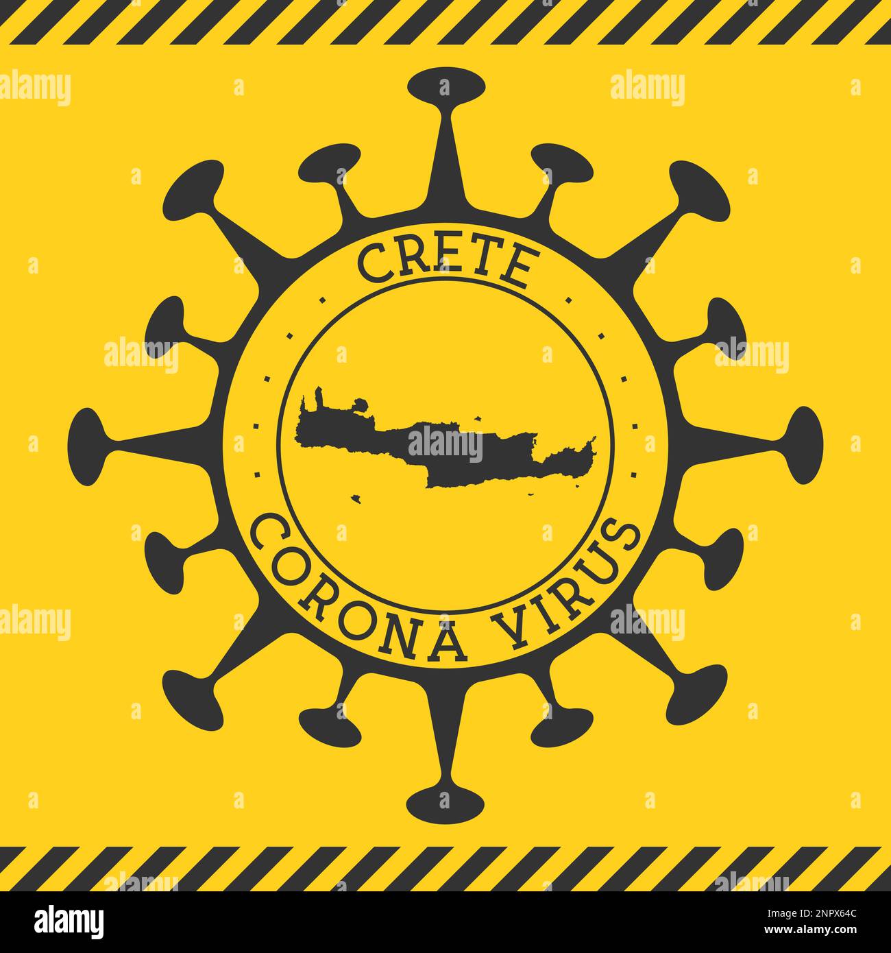 Virus Corona en Crète signe. Badge rond avec forme de virus et carte de Crète. Timbre de verrouillage de l'épidemy de l'île jaune. Illustration vectorielle. Illustration de Vecteur