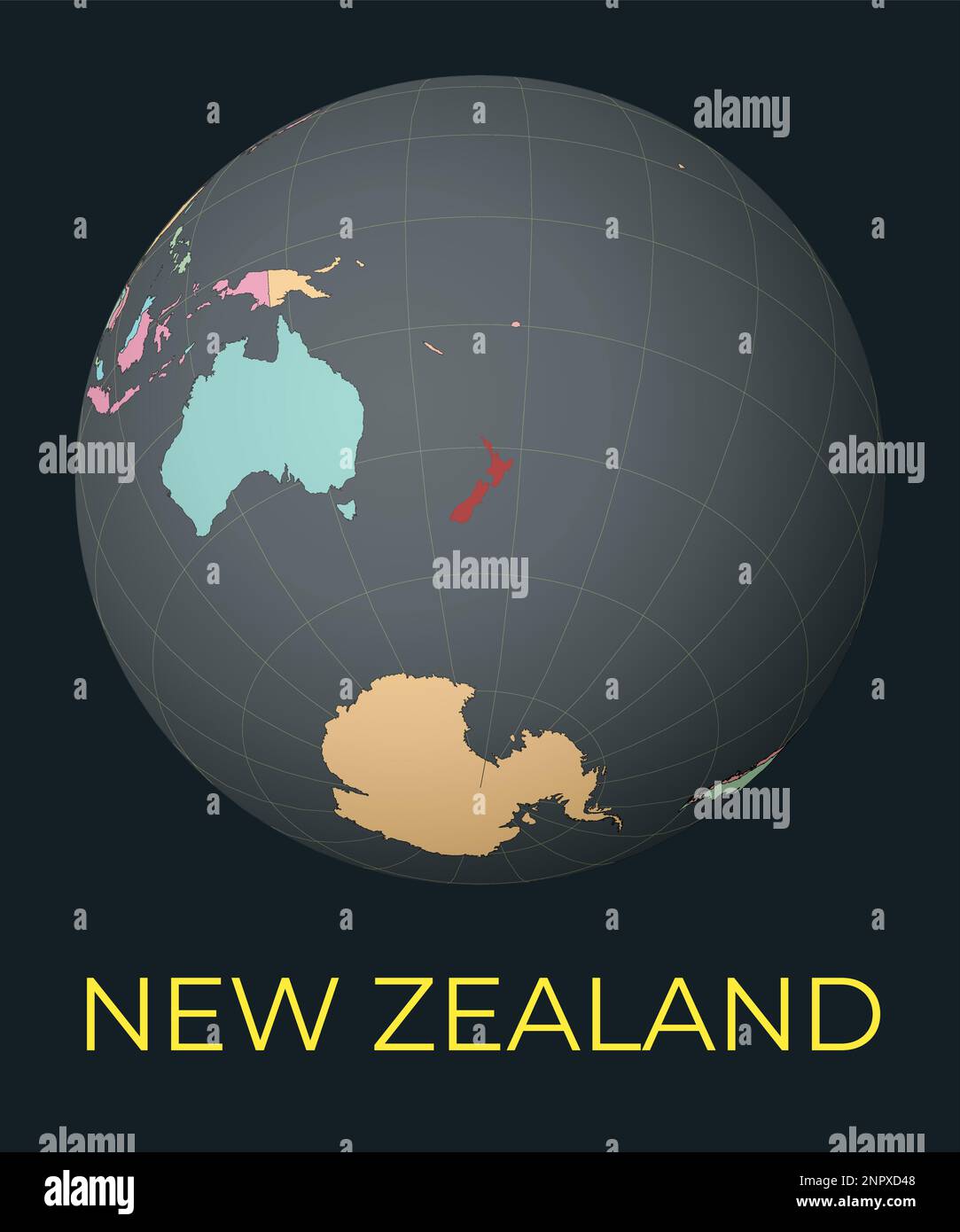 Carte du monde centrée sur la Nouvelle-Zélande. Pays rouge mis en surbrillance. Vue satellite du monde centrée sur le pays avec le nom. Illustration vectorielle. Illustration de Vecteur